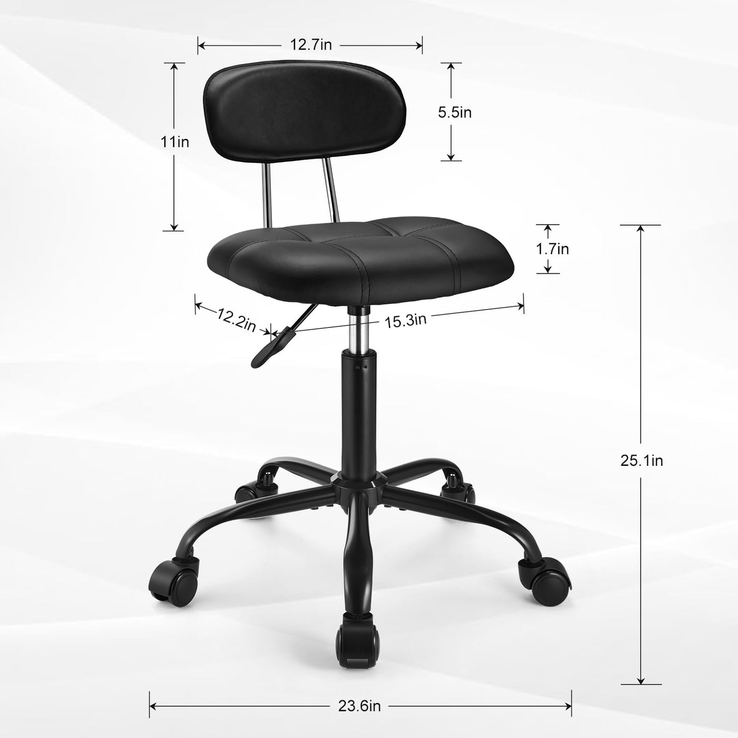 FNZIR Square Rolling Stool with Backrest Height Adjustable Chair Swivel Drafting Chair Stool Chair with Wheels Stable Base Foot Black