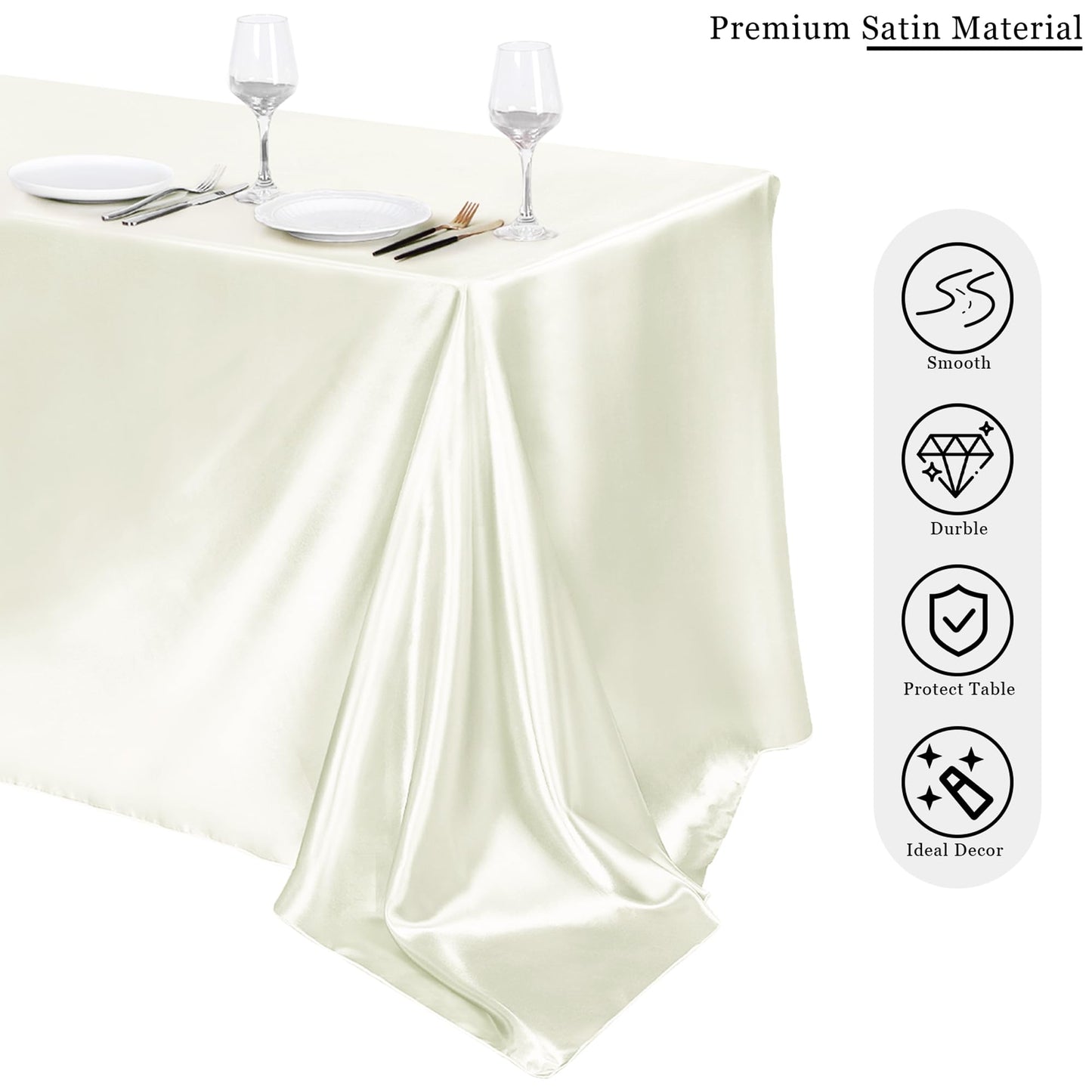 TURSTIN 8 Packs Ivory Satin Tablecloth 102 x 58 Inch Overlay Satin Table Cover Rectangle Bright Silk Tablecloth Smooth Fabric Table Decoration for Wedding Banquet Party Events