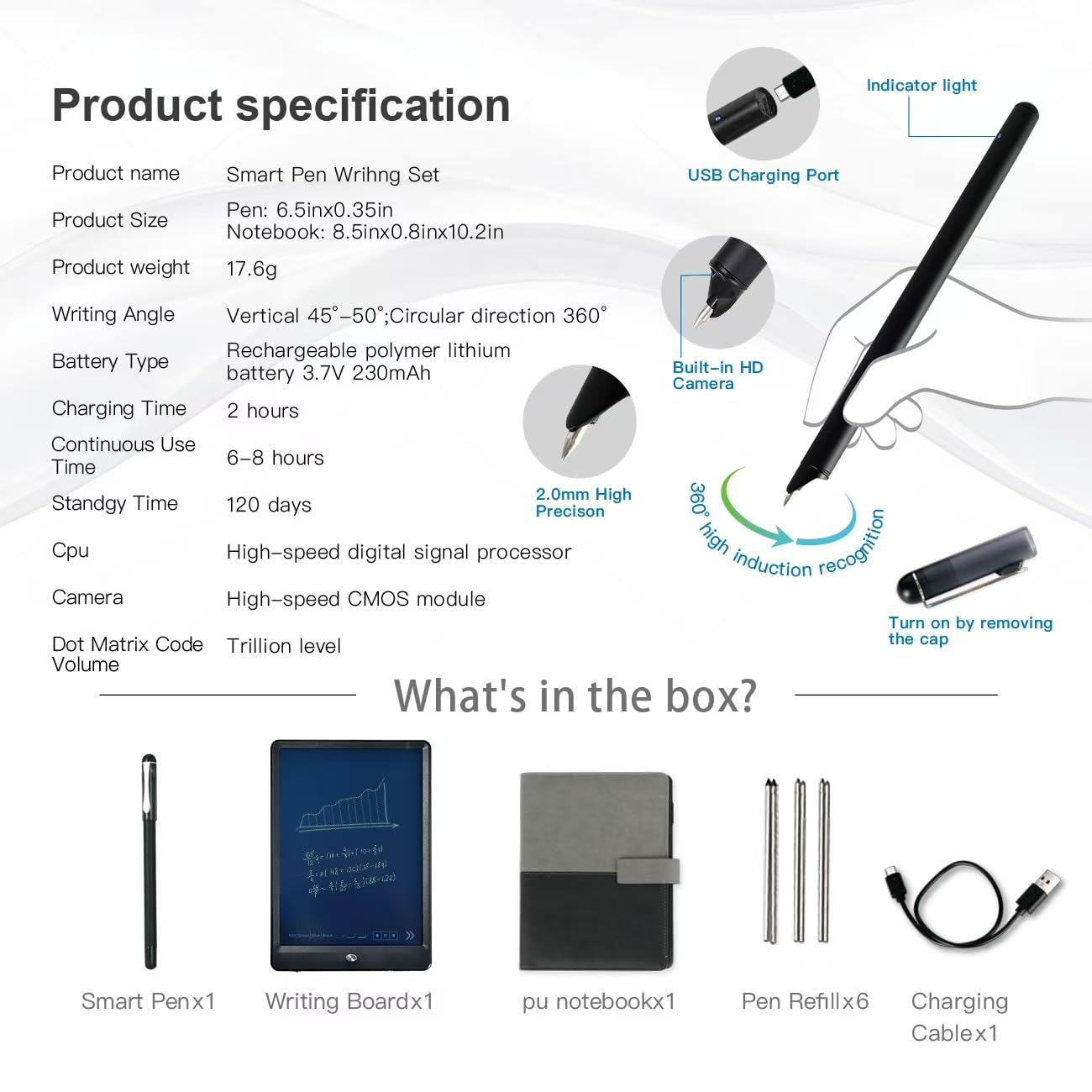 Ophayapen Smart Pen+Notebook+Writing Board, SmartPen Real-time Sync for Digitizing, Storing, and Sharing Paper Notes, Use with Ophaya Pro+ App，Compatible with Smartphone (Android and iOS)-Updated APP