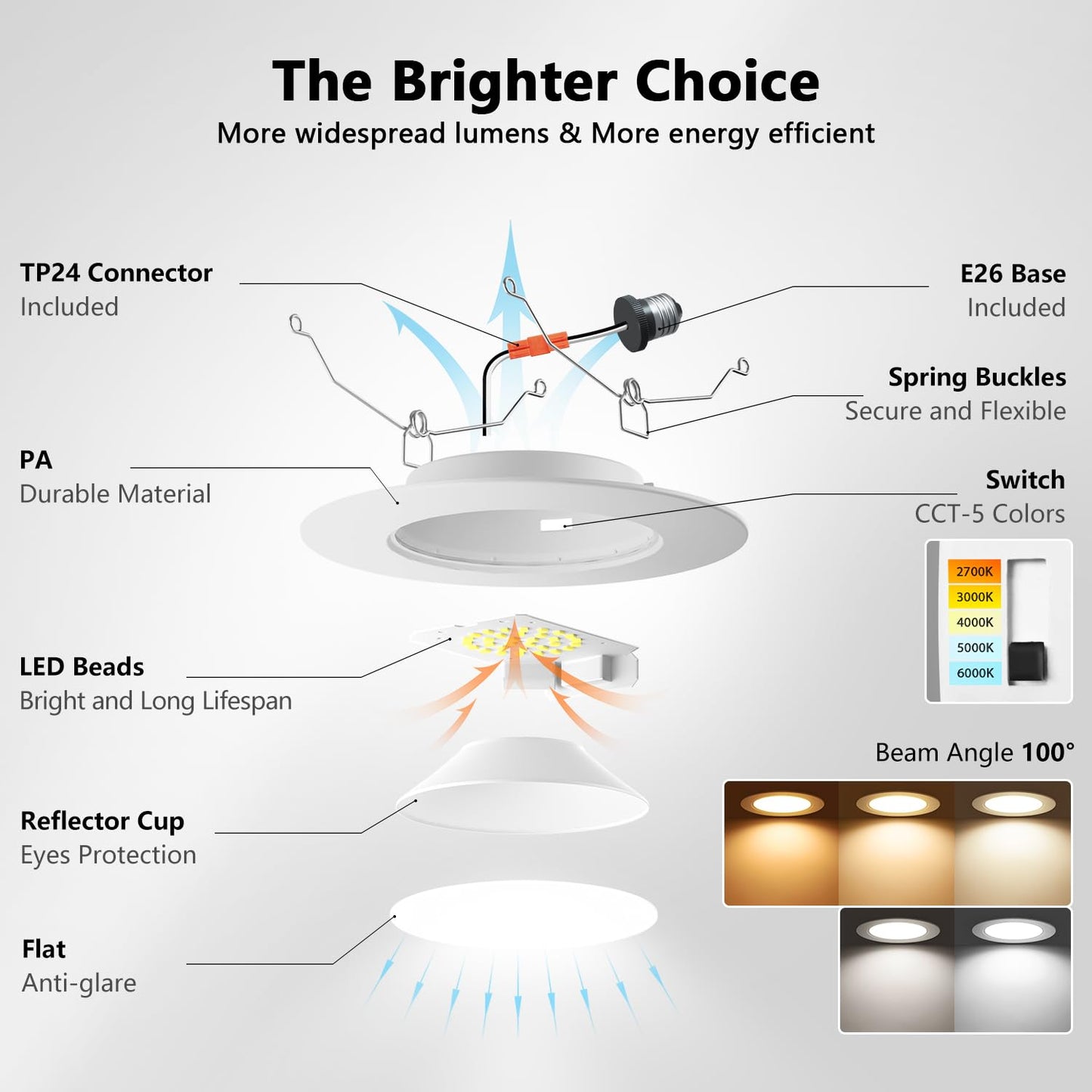 LVWIT LED Recessed Light 6Inch, Can Lighting Color Selectable 2700/3000/4000/5000/6000K 5CCT, 10W(120W Equivalent) Dimmable Downlight with E26 Conversion Kit, Retro Fit Ceiling Light Fixtures, 12 Pack