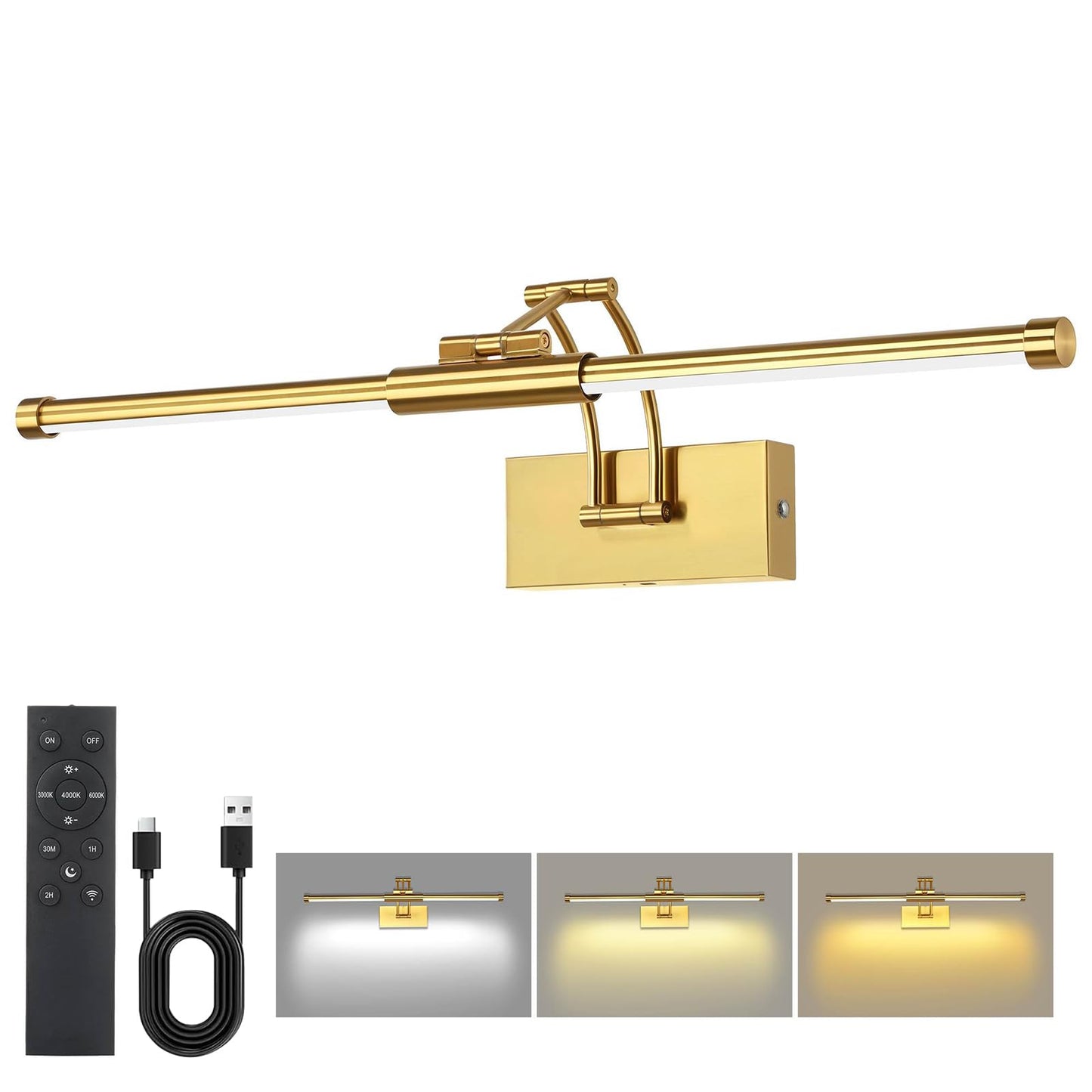 Neymlya 24“ Picture Lights for Wall, 8000mAh Rechargeable Wireless Picture Light with Remote, LED Wall Lights 3000K/4000K/6000K Dimmable, Art Lighting for Paintings Frame Gallery Dartboard, Brass