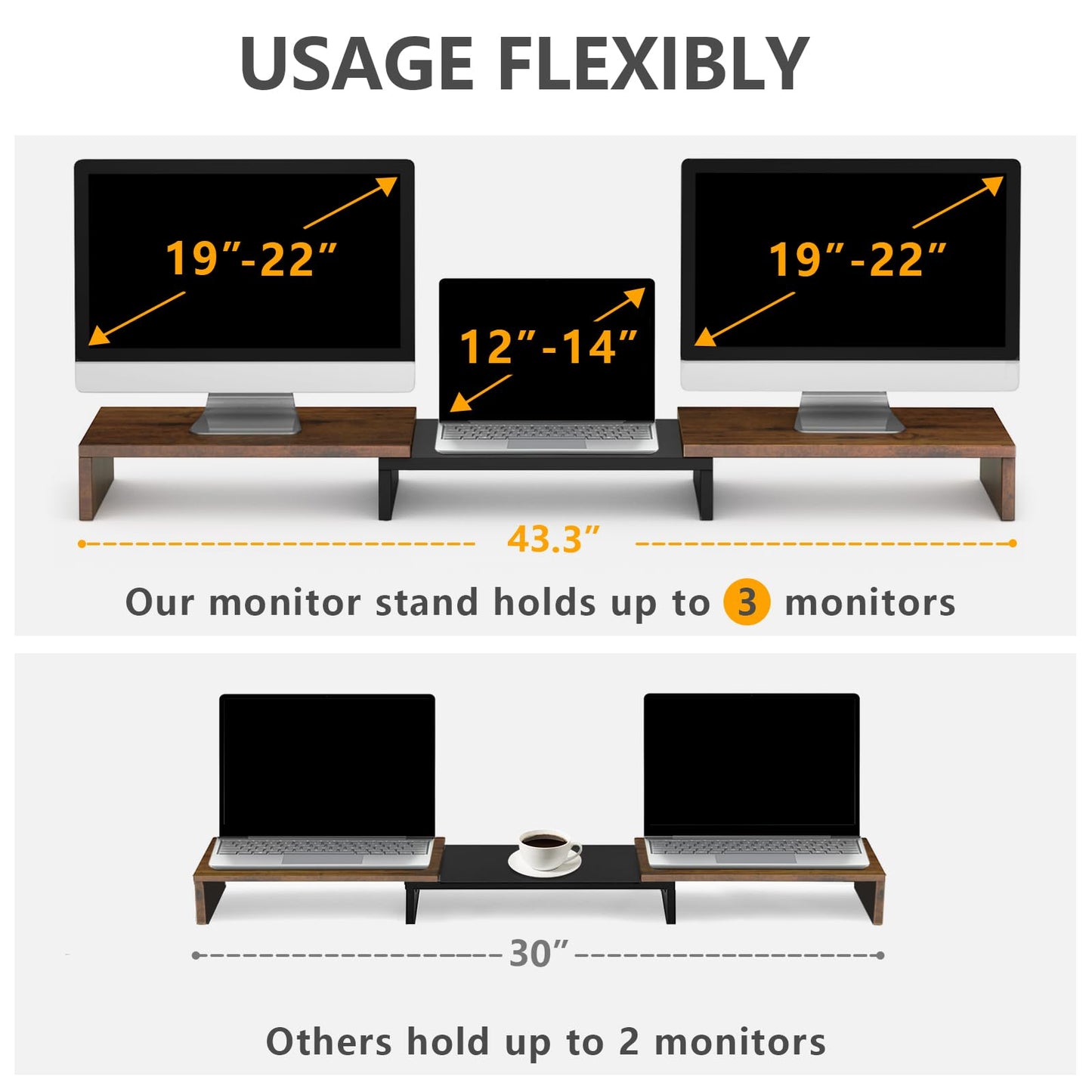 TAVR Dual Monitor Stand Riser, Computer Monitor Stands for 2 Monitors, Extra Long Multifunctional Wooden Desktop Organizer Riser for Computer, Laptop, PC, Printer, TV, Max 43.3" Length, Rustic Brown