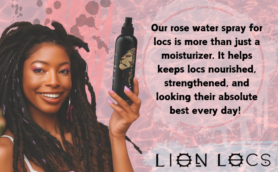 Lion Locs Rosewater Spray for Dreads, Dreadlocks, Braids, Faux Locs, Crochet Locs, Sisterlocks with Aloe, Essential Oils, Vitamins, and Glycerin | Organic Vegan Conditioner Rose Water Spritz (8 oz.)