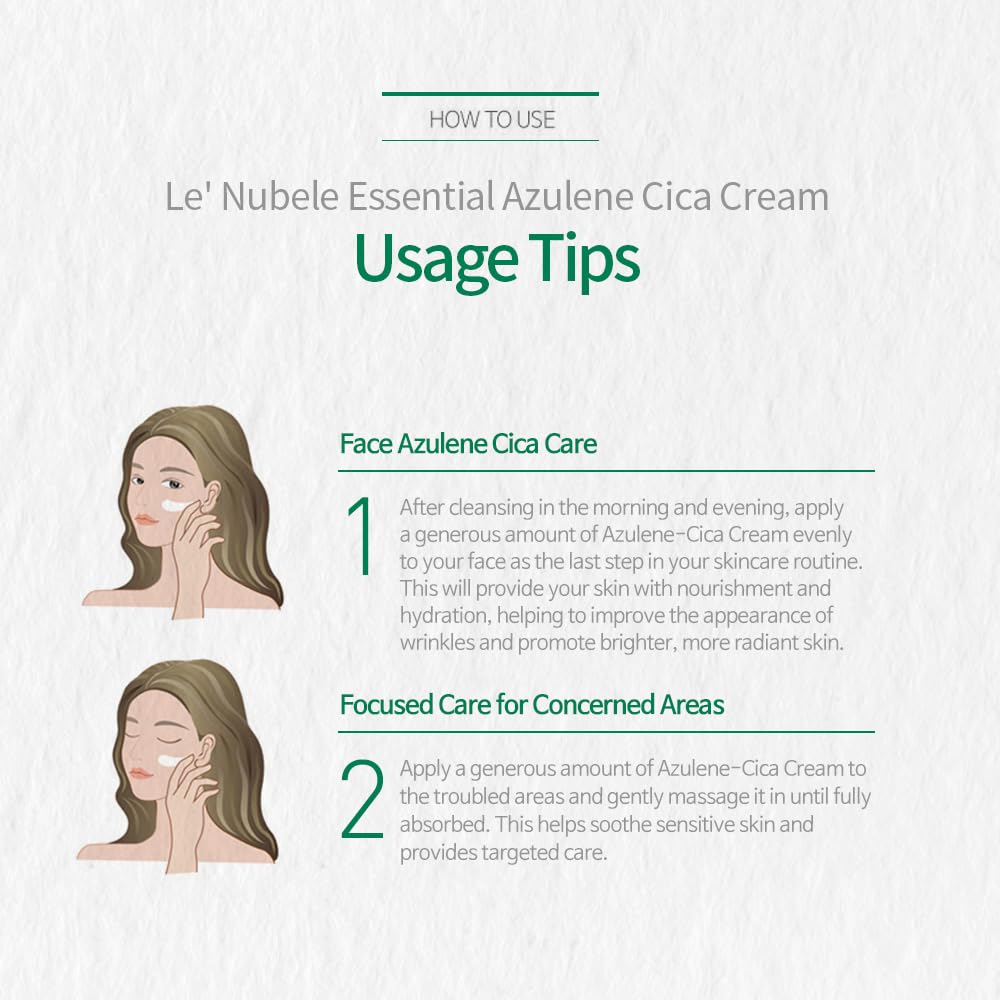 Le' Nubele Azulene Cica Cream | Soothing & Hydrating | Azulene, Centella & Manchurian Birch Bark | Korean Skincare Moisturizer for Sensitive Skin | Anti-Aging & Skin Barrier Care, 1.76 oz (Pack of 1)