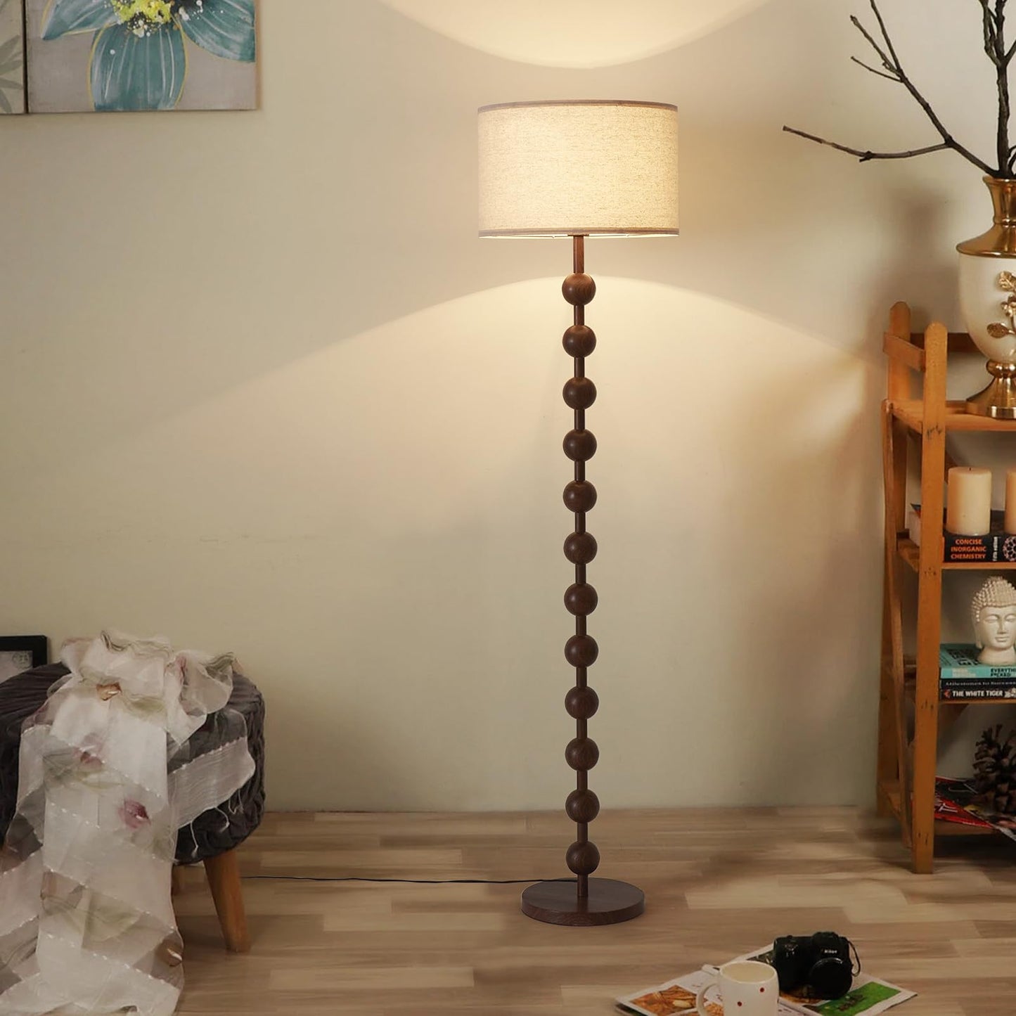 Fetason Modern Dimmable Floor Lamp with Remote Control for Living Room Bedroom, Red Wood Pattern Tall Standing Lamp Light for Home Office Dining Room with Fabric Shade