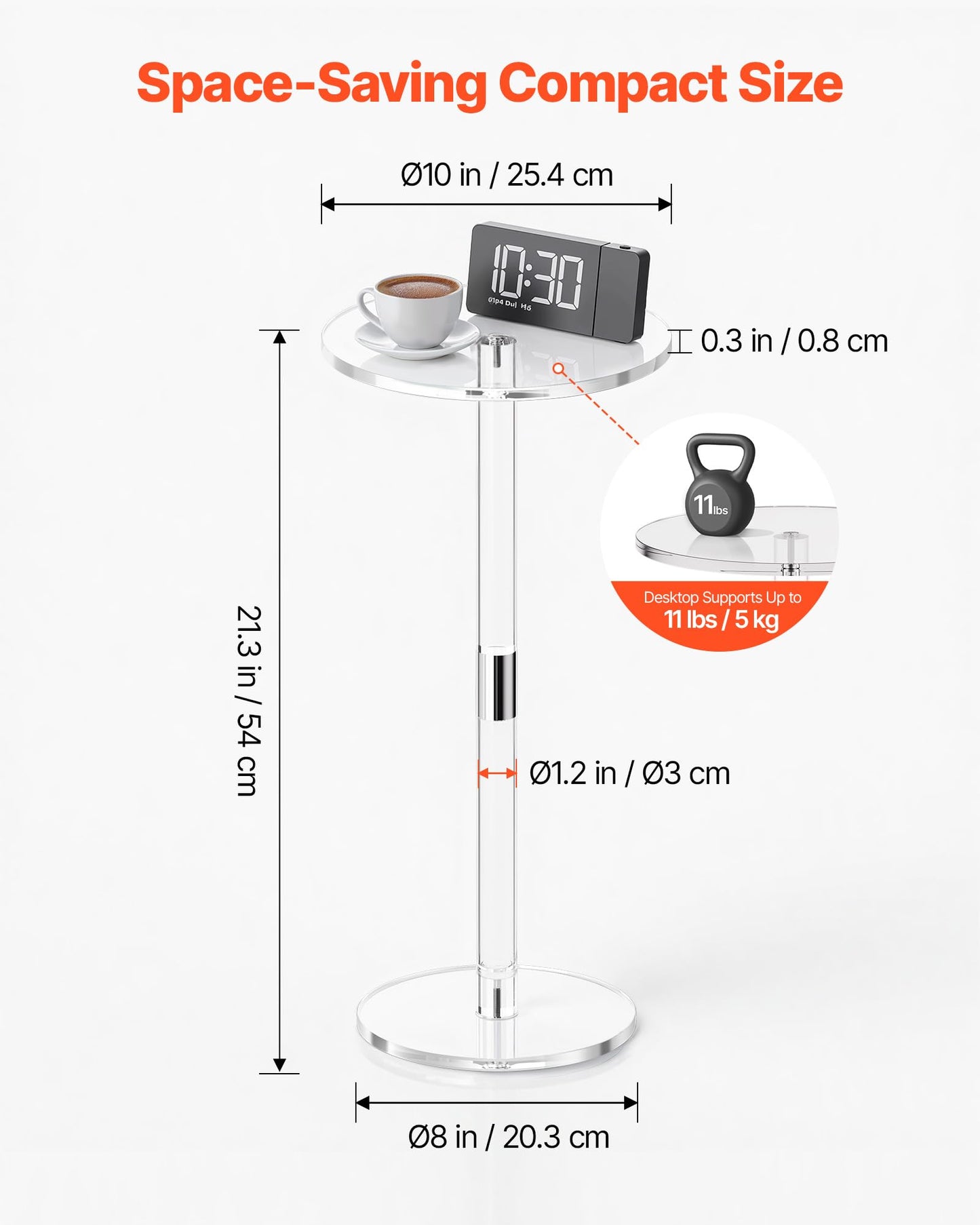 VEVOR Acrylic Drink Table, Small Round Side Table with Solid Post, Modern Clear End Table Transparent Cake Desk for Coffee, Cocktail, Dessert, Snack, Living Room, Bedroom, Bathroom, Easy Assembly