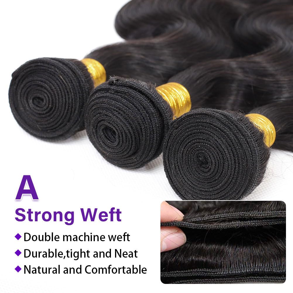 Olsmkis Body Wave Bundles Human Hair 18 20 22 Inch 3 Bundles Human Hair 300g 100% Unprocessed Brazilian Virgin Raw Hair Extensions Natural Black Weave Real Human Hair Bundles for Women