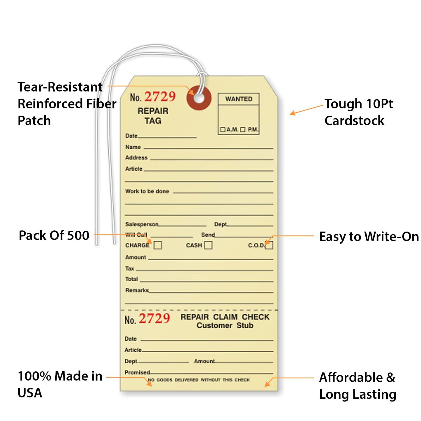 SmartSign Pack of 500 Sequentially Numbered Repair Tags with Attached String | 3.125" x 6.25" Manila Cardstock