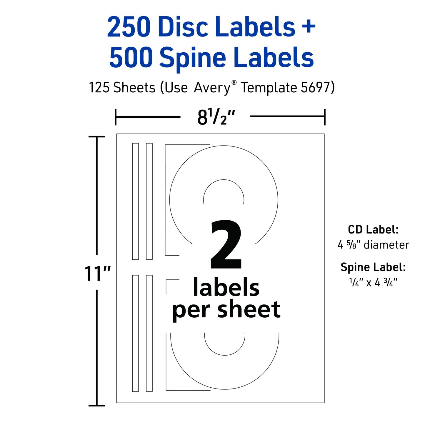 Avery Printable CD Labels, Matte White, Permanent Adhesive, Laser Printer Compatible, 250 Disc & 500 Spine Labels, Ideal for DVDs, PC Discs, Media Projects & More (5697)