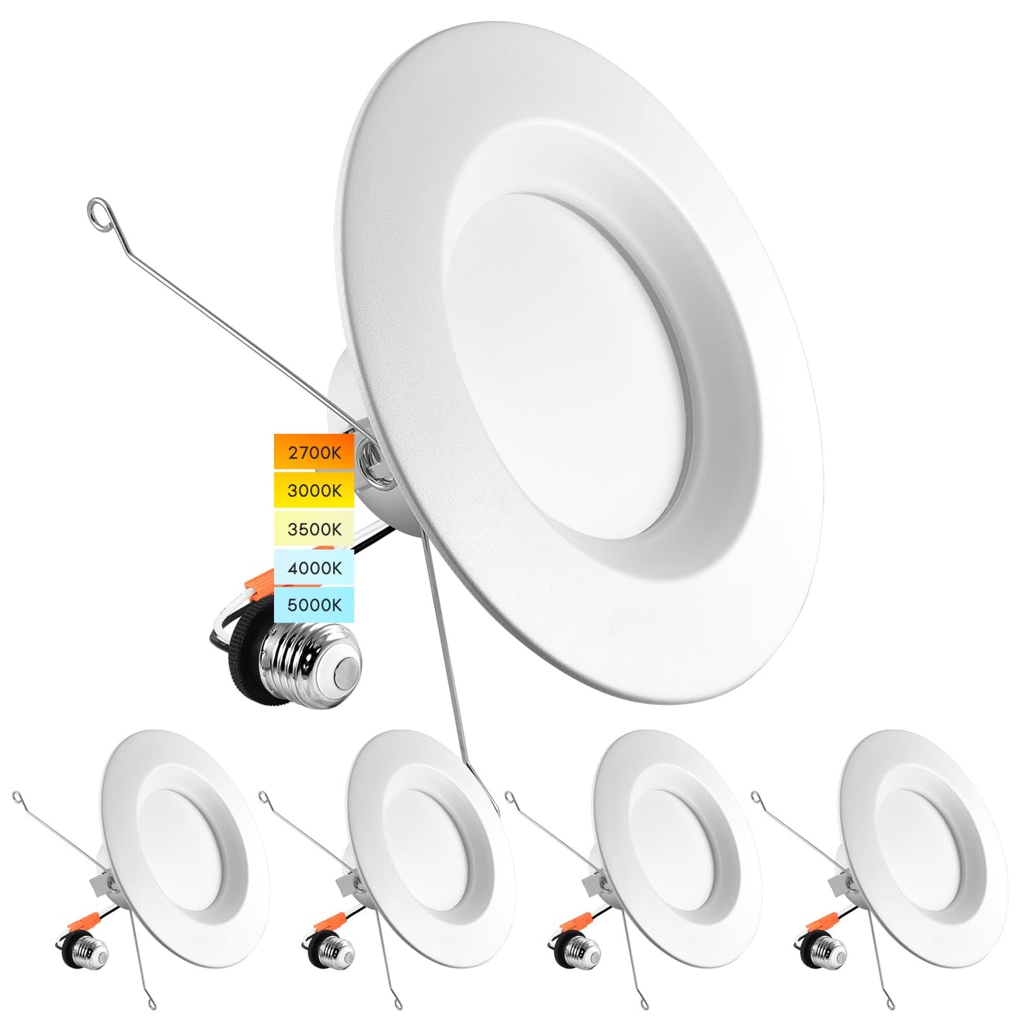 LUXRITE 5/6 Inch LED Recessed Retrofit Downlight, 14W=90W, CCT Color Selectable 2700K | 3000K | 3500K | 4000K | 5000K, Dimmable Can Light, 1100 Lumens, Wet Rated, Energy Star, Smooth Trim (4 Pack)
