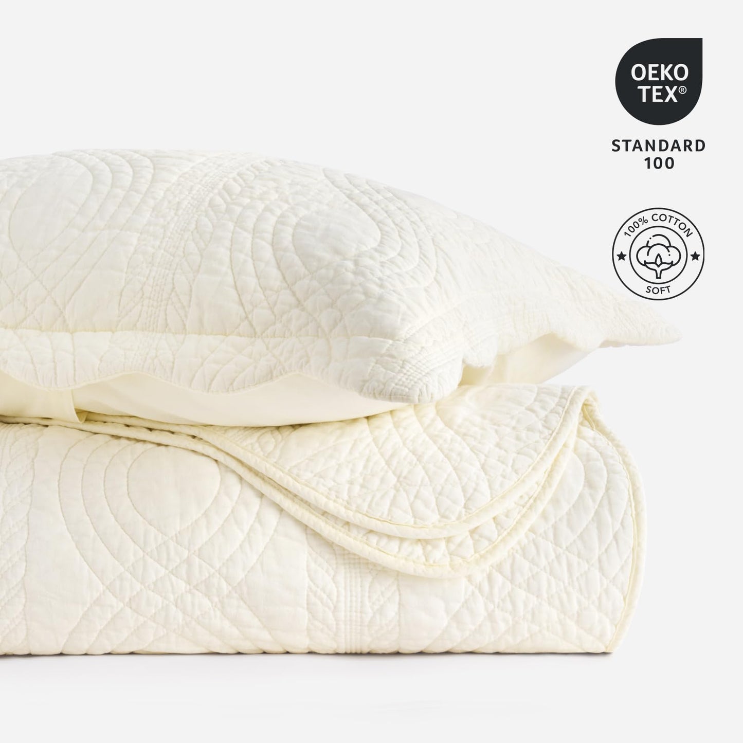 EVERGRACE 100% Cotton Scallop Quilt Set, Queen Size 3 Piece Set – Lightweight Bedspread with 2 Shams, Soft Prewashed Coverlet for Cozy and Elegant Bedding, Ivory Cream