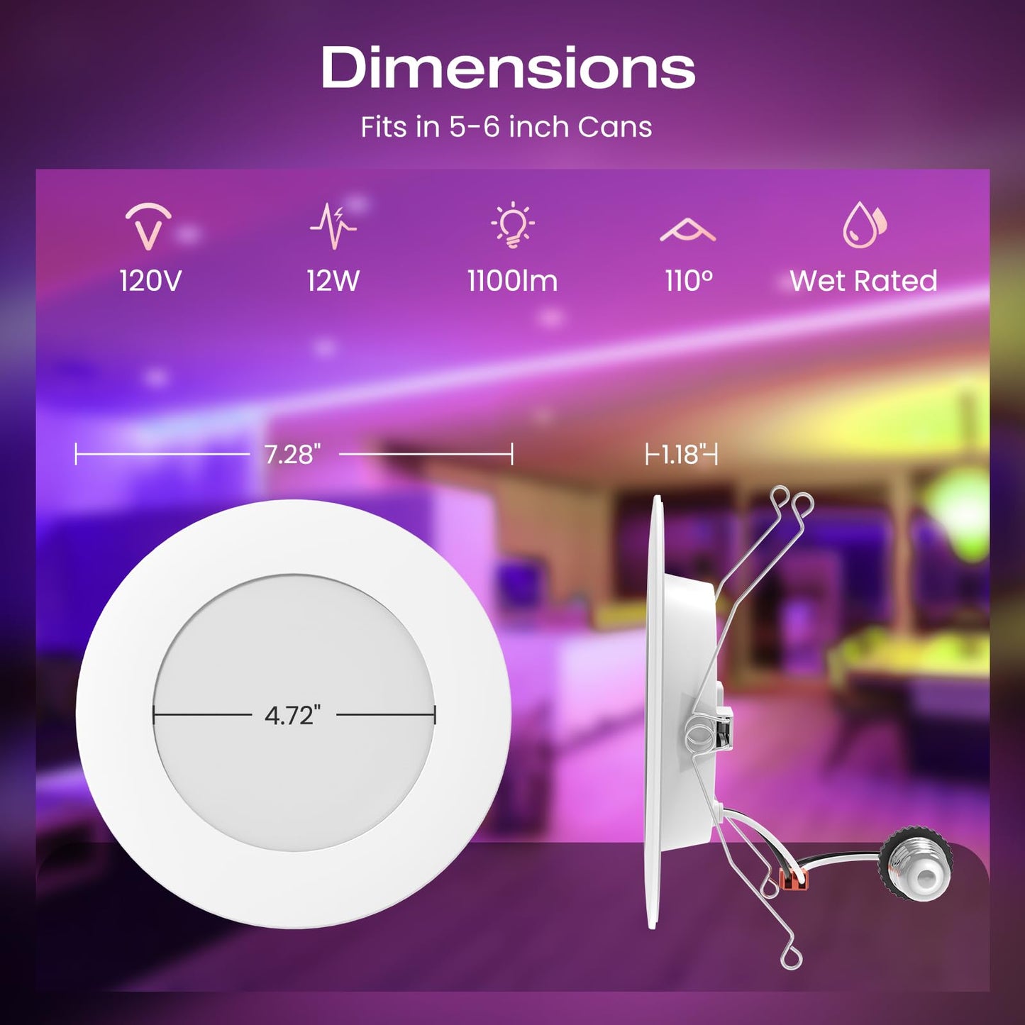 ALUSSO LIGHTING® Smart LED Recessed Lighting 5/6 Inch 6 Pack,Wi-Fi & Bluetooth Dual Control,Smart Can Lights RGB Color Changing Retrofit,Dimmable 1100LM Downllight Works with Alexa & Google Assistant