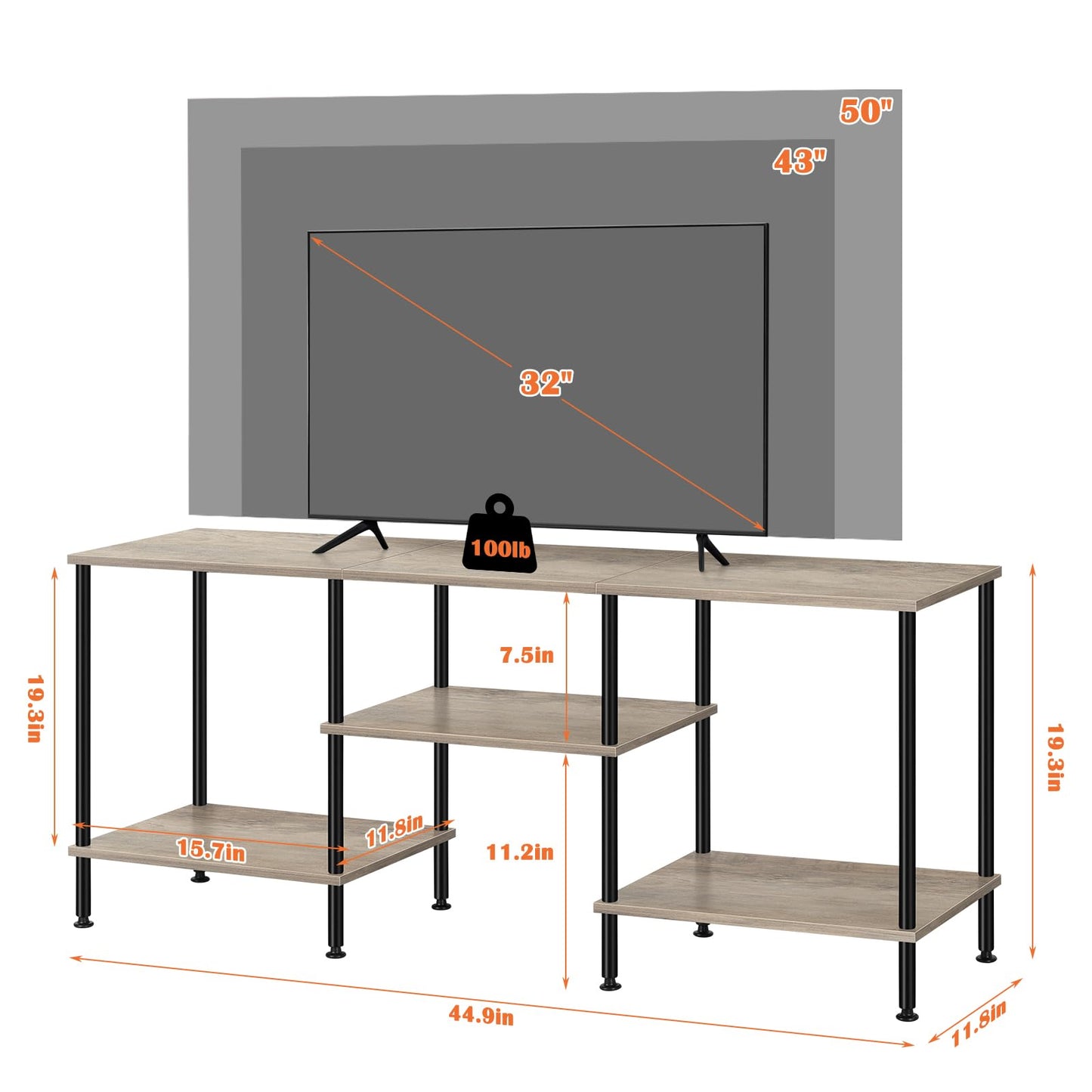 Luplom 50 Inch TV Stand for Bedroom Rustic Grey Entertainment Center with Storage 3 Tier TV Consoles for Living Room TV Console Table Media Cabinet with Open Storage Shelves for 50 43 40 32 Inch TV