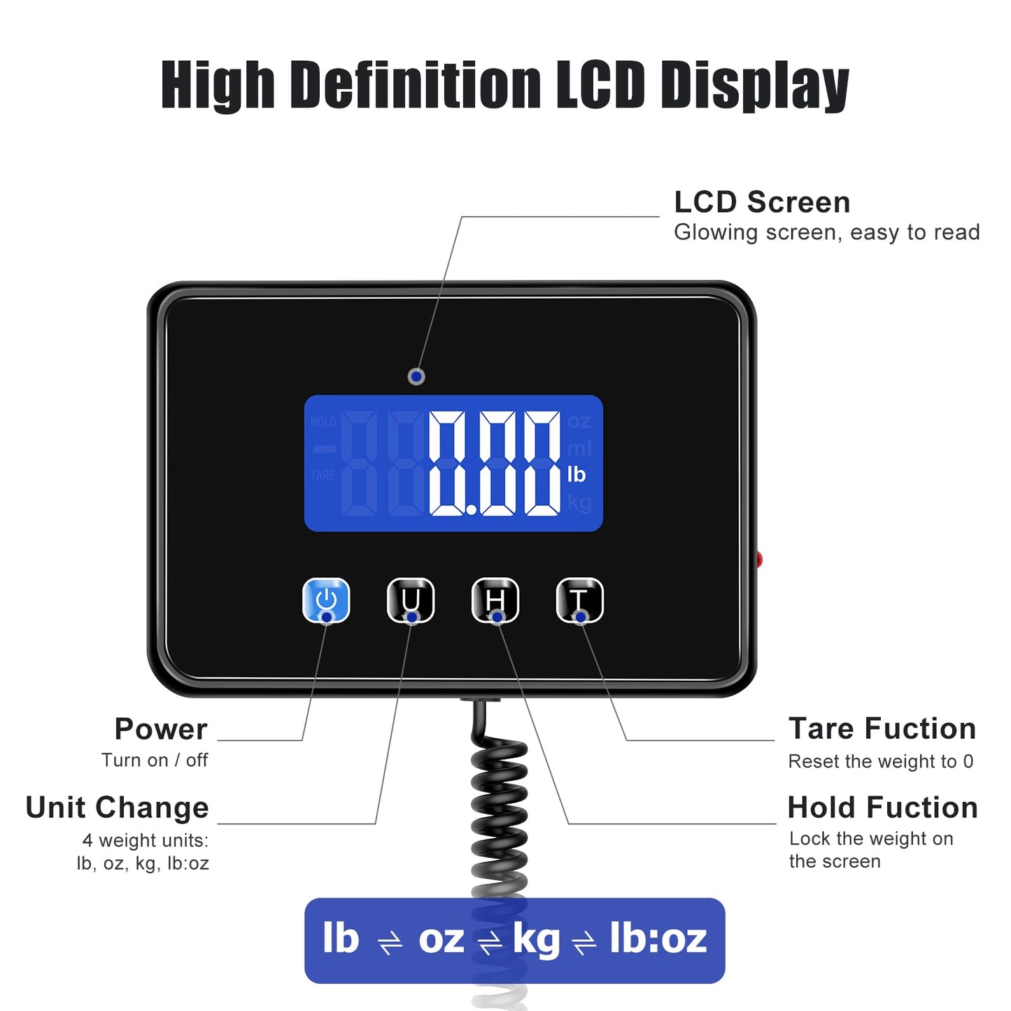 KUAIVO Shipping Scale, 660lbs Heavy Duty Digital Luggage Scale for Packages, 0.35oz High Accurate Postage Scale for Small Business, Warehouse, Home Use, Battery & Charging Cable Include