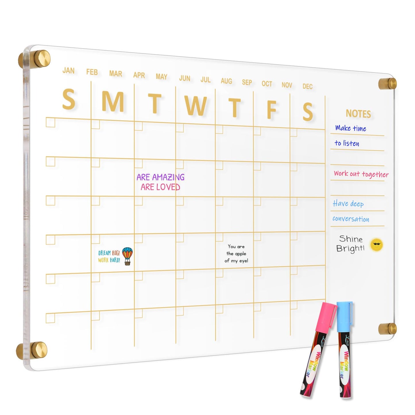 AMUSIGHT Large Acrylic Calendar for Wall, 24" X 16" Golden Clear Acrylic Wall Calendar, Clear Wet & Dry Erase Calendar Hanging Frameless Monthly Planner for Office, Home or School, 2 Markers