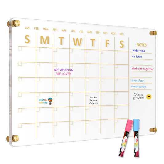 AMUSIGHT Large Acrylic Calendar for Wall, 24" X 16" Golden Clear Acrylic Wall Calendar, Clear Wet & Dry Erase Calendar Hanging Frameless Monthly Planner for Office, Home or School, 2 Markers
