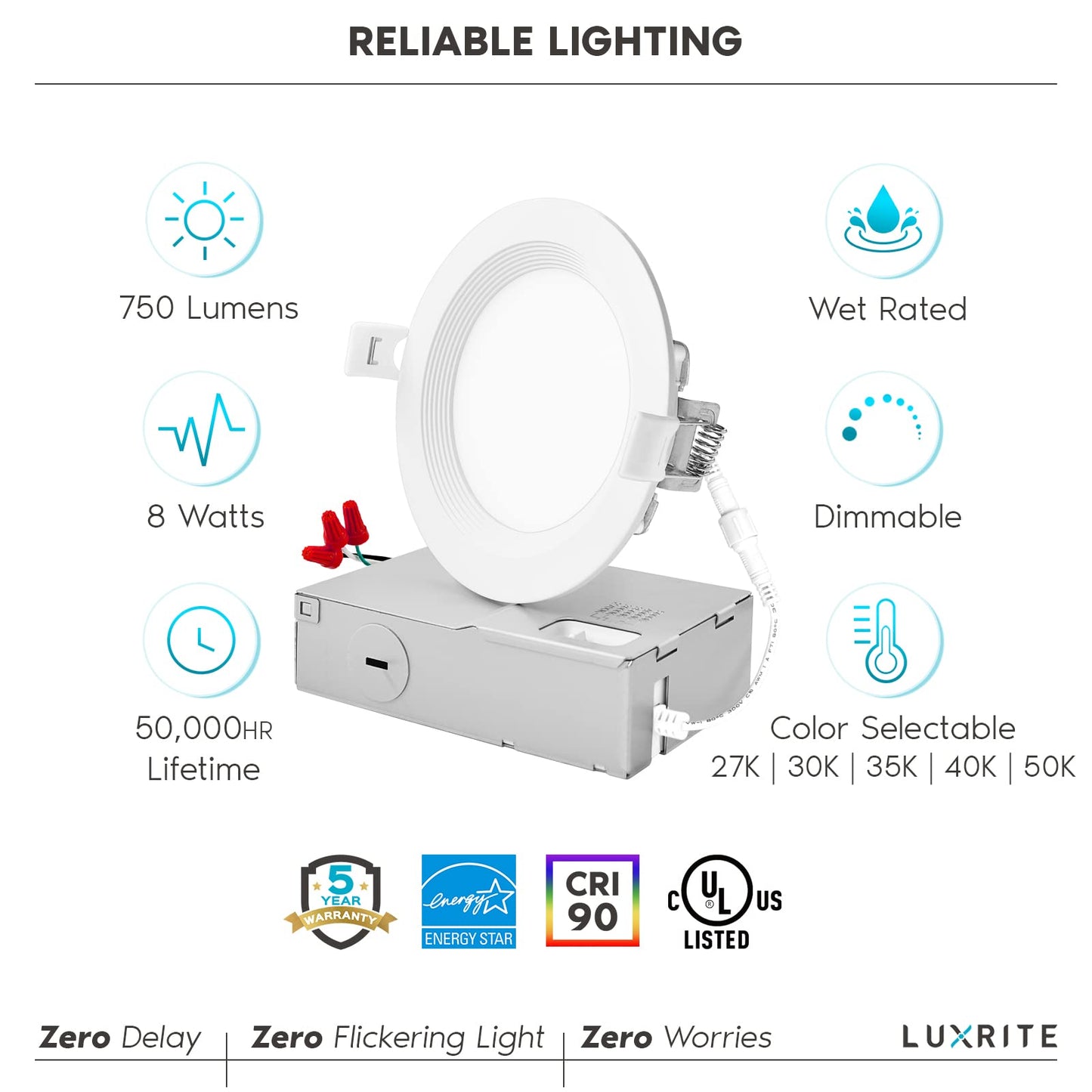 LUXRITE 4 Inch Ultra Thin LED Recessed Lighting, 10.5W, 5 Color Selectable 2700K | 3000K | 3500K | 4000K | 5000K, CRI 90, 750 Lumens, Dimmable LED Wafer Lights, Wet Rated, Baffle Trim (4 Pack)