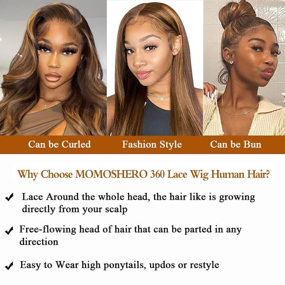 360 Lace Front Wigs Human Hair Highlight Ombre Straight Honey Blonde HD Transparent Lace Pre Plucked with Baby Hair 12A Brazilian Virgin Remy Hair P4/27 Colored Human Hair Wig 150% Density 18 Inch