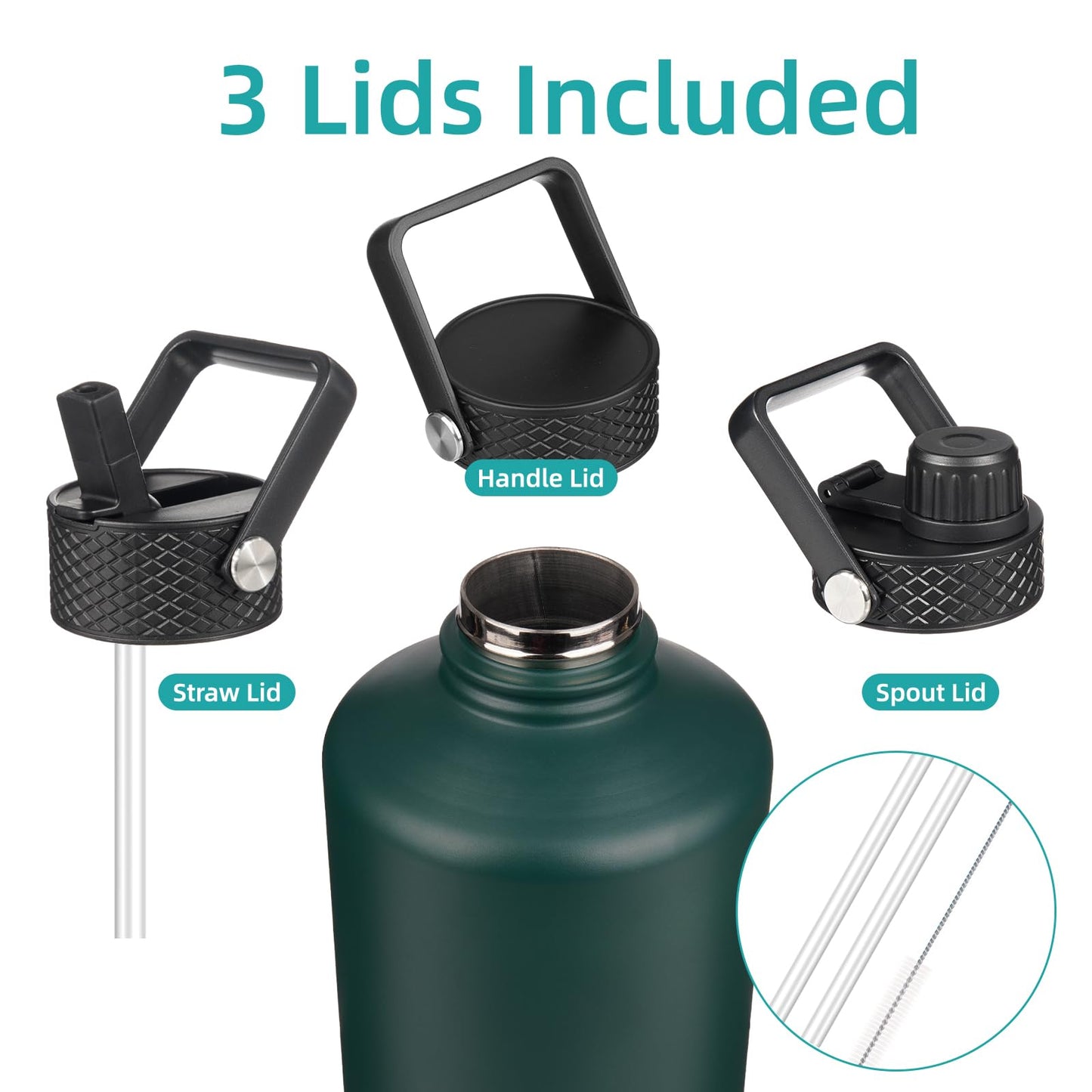 Konokyo Gallon Insulated Water Bottle with Straw,128 oz 3 Lids Water Jug with Carrying Bag,Paracord Handle, Double Wall Vacuum Stainless Steel Metal Flask,Dark Green