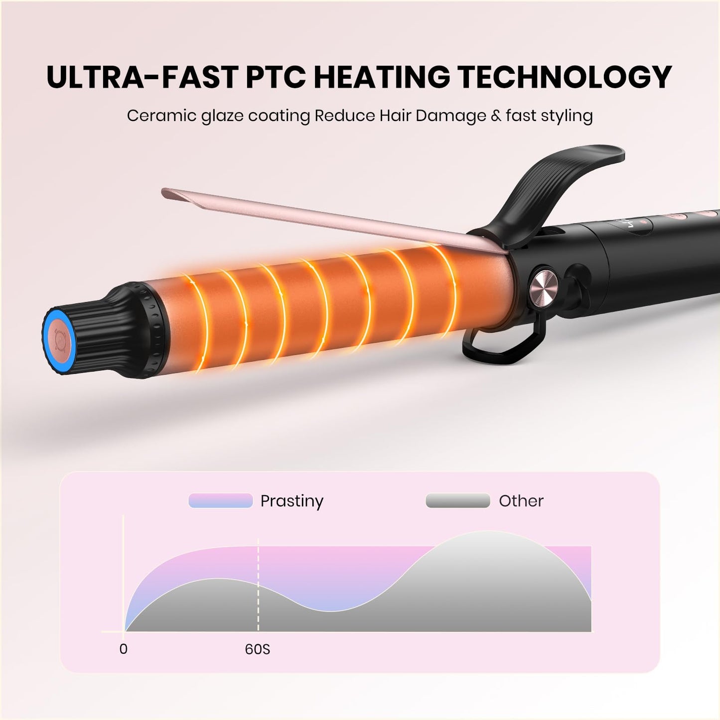 Prastiny Smart Timer Hair Curler Iron 1.25inch Ceramic Coating Large Barrel Hair Curling Wand with LCD Display and Foldaway Safety Stand Dual Voltage for Travel Medium and Long Hair