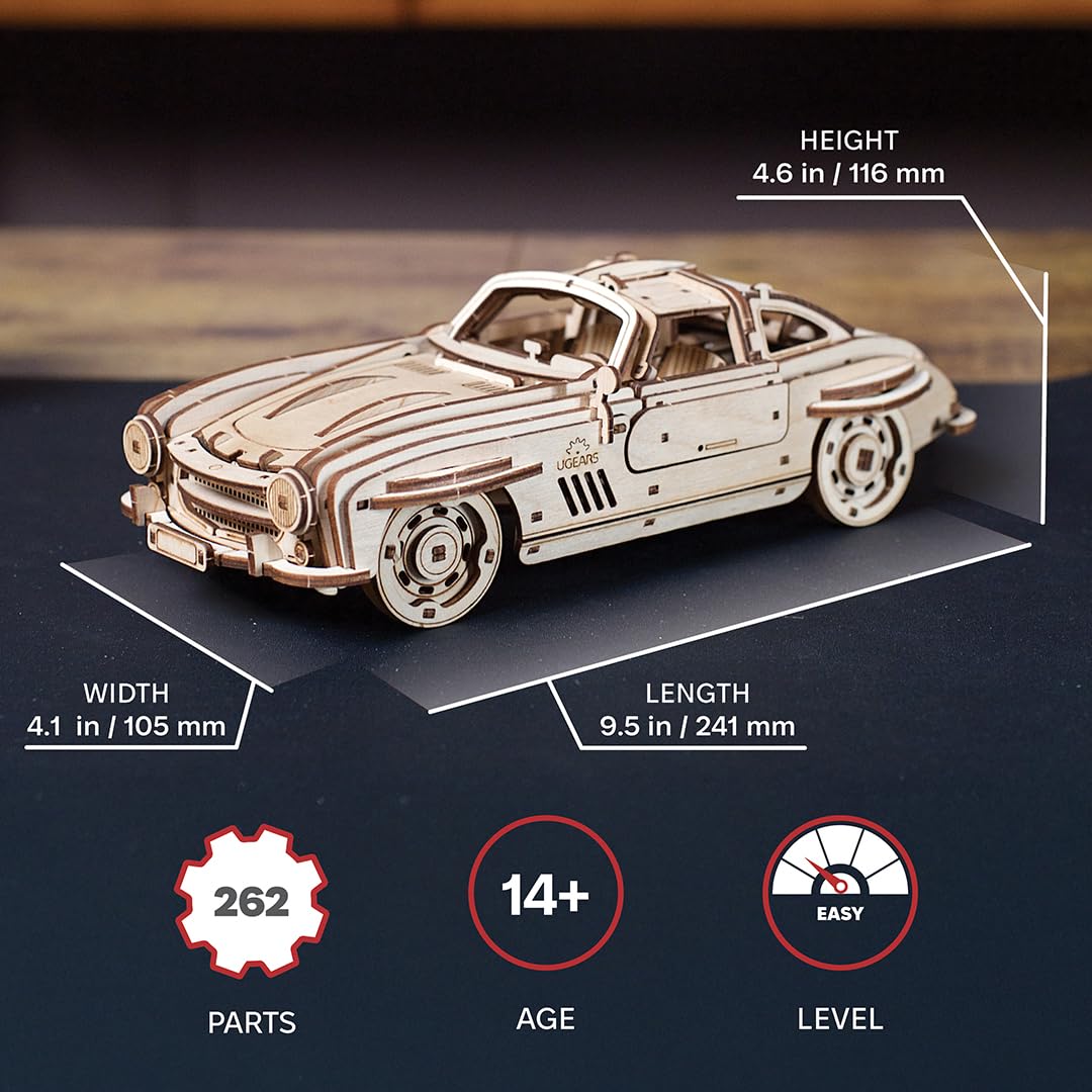 UGEARS Winged Sports Coupe Model Car Kit - 3D Wooden Puzzle Car –Model Kit for Adults to Build - DIY Wooden Car Model Kit with Authentic Gull-Wing Design Car Model