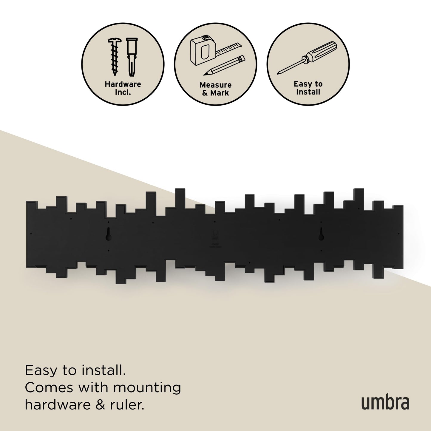 Umbra Sticks Wall-Mounted Coat Rack Rail Hook with 8 Retractable Pegs – Modern, Space-Saving Storage Organizer, Black