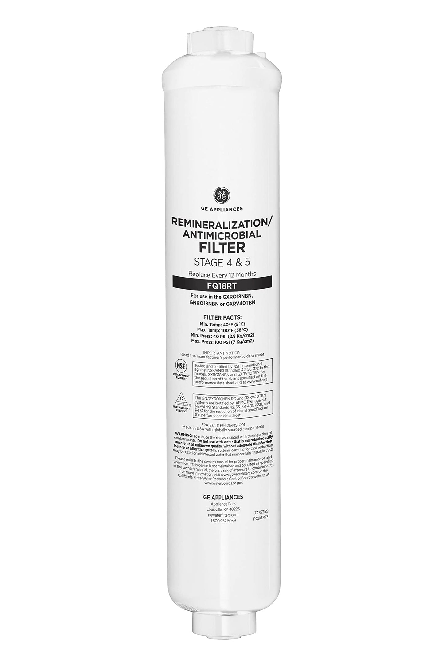 GE Reverse Osmosis Under Sink Remineralization & Replacement Filter, Fits GE GXRV40TBN, GXRQ18NBN, GNRQ18NBN Filtration Systems, Replace Every 12 Months, FQ18RT