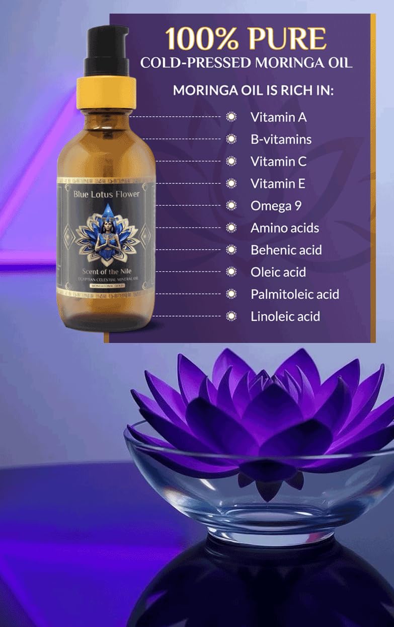 100% Pure Moringa Oil blended with Blue Lotus Flower Essential Oil and Ormus Gold, Premium Pure Moringa Seed Oil for Radiant Skin, Nourishing & Hydrating Face, Hair, Nails, and Body - 2oz. (60ml)
