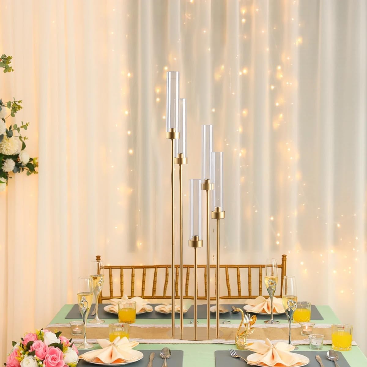 2PCS Gold Floor Candelabra,5 Arm Candle Holder Tall Floor Candle Holder with Acrylic Lampshade for Wedding Table Birthday Party Home Decoration Fit LED Taper Candles