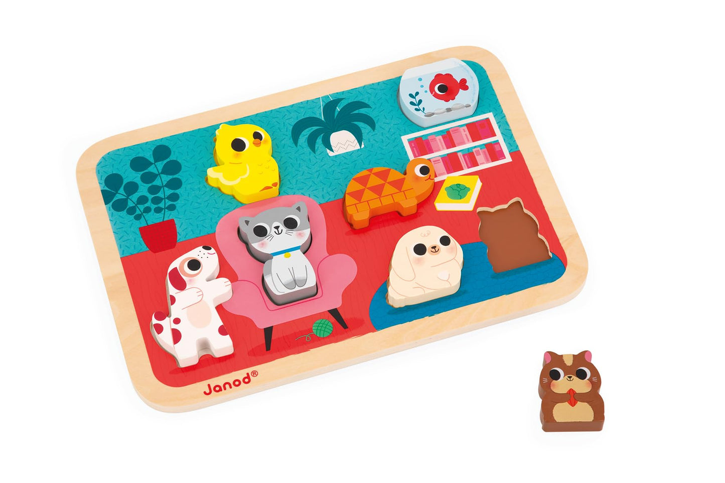 Janod - Chunky Puzzle Pets - 7 Animal Pieces - Wood - Early-Learning - Fine Motor Skills - for Toddlers - from 18 Months + - Multilingual - J07122