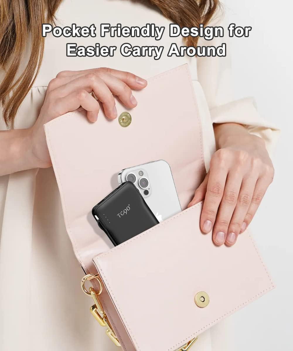 TG90° Portable Charger with Cords 10000mAh Power Bank with Built in Cables Battery Backup Cell Phone External Battery Pack Compatible with iPhone16/15 and Android Phone Travel Battery Pack