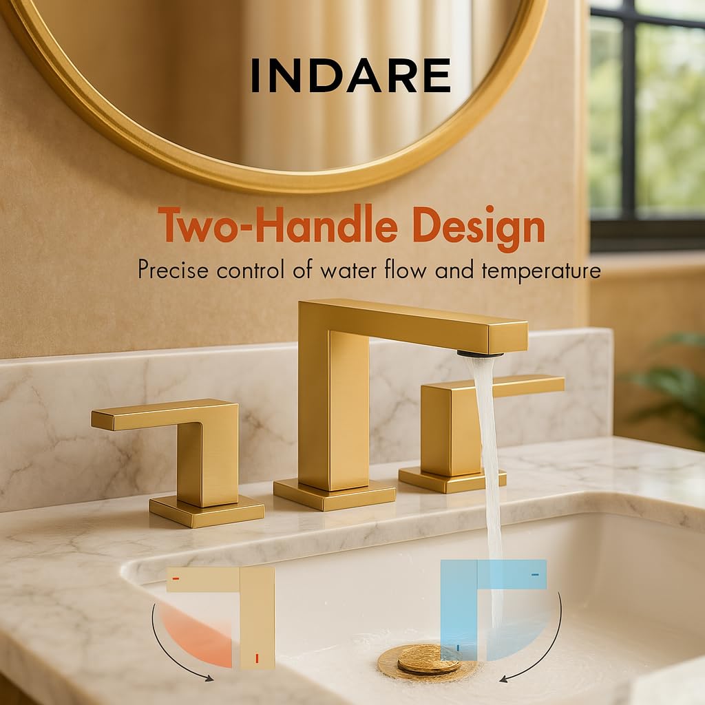 Indare Brushed Gold Bathroom Faucets， Vanity Faucets for Sink 3 Hole ，Two Handles Widespread 4 Inch 8 Inch Brass Bathroom Sink Faucet with Pop Up Drain and Cupc Lead-Free Hose
