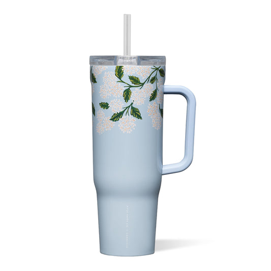 Corkcicle x Rifle Paper Co. Cruiser Insulated Tumbler with Handle & Straw - Keeps Drinks Cold 20 Hours - BPA-Free - 40 oz - Gift for Mom - Great for Mother's Day or Christmas - Gloss Blue Hydrangea