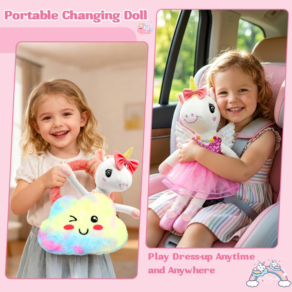 Ballerina Unicorn Toys for Girls Age 4-6, Unicorn Stuffed Animal Dolls Playset, 3 Set Ballet Princess Dress Up Doll with Rainbow Plush Bag, Unicorns Gifts for Birthday Easter Basket Stuffers