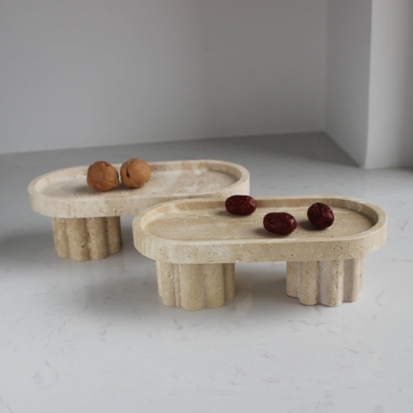 Natural Travertine Marble Oval Tray with 2 Legs, 10" Vanity Decorative Tray for Countertop Organizer, Catchall Tray for Perfume, Candles, Jewelry Dishv