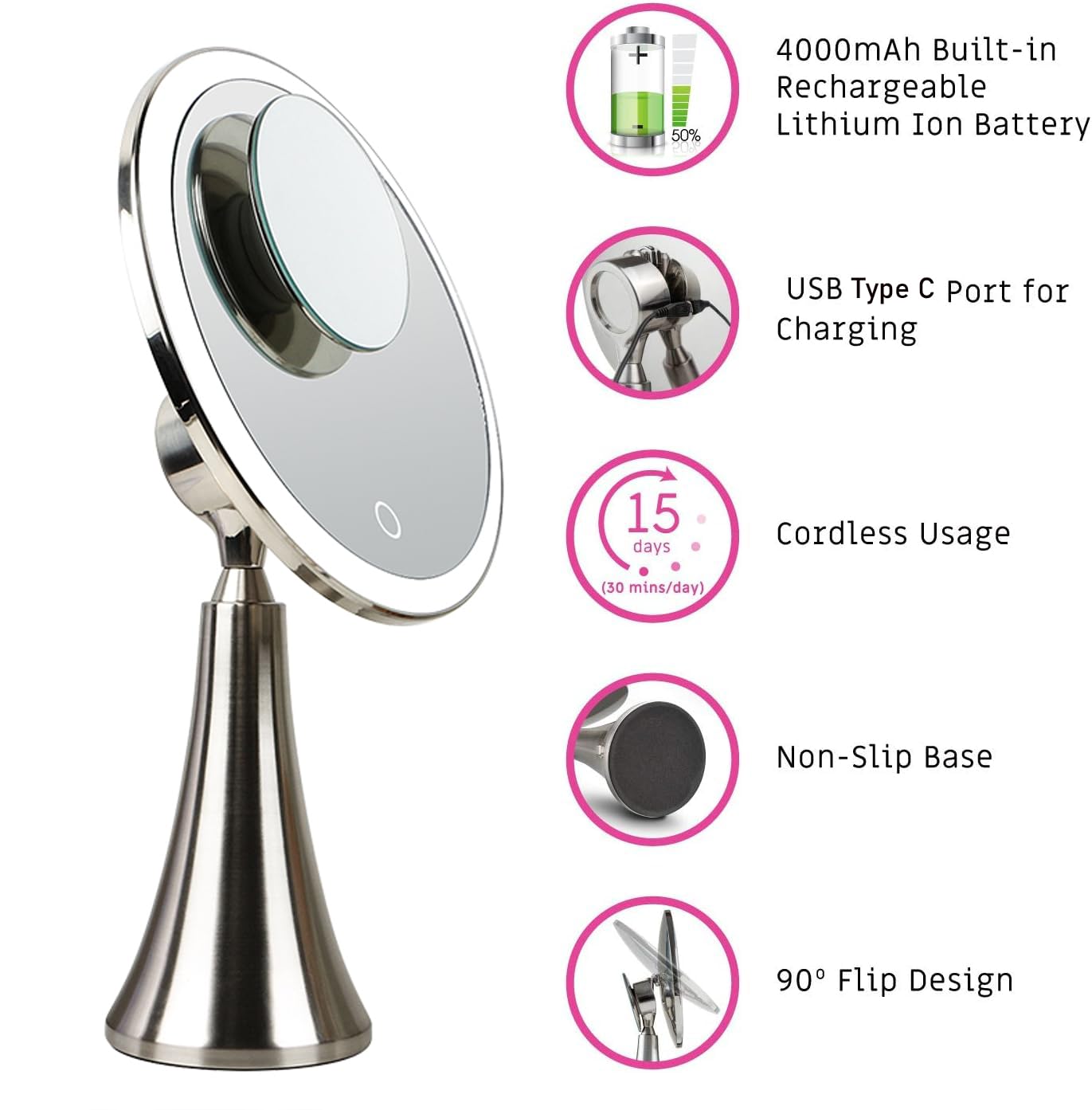 9inch Lighted Round Makeup Vanity Mirror, 5X/10X Dual Magnification with Ultra Bright LED Lights Beauty Mirror, Rechargeable, Cordless, Touch Control Adjustable Brightness, Brushed Stainless Steel