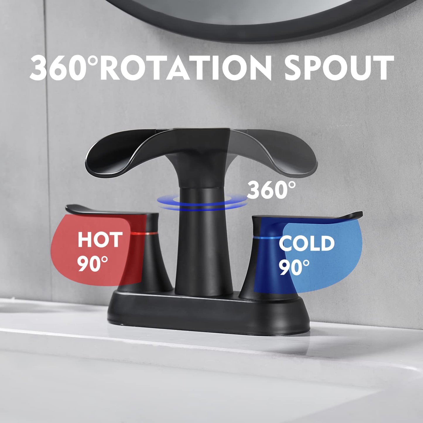 YUNDOOM Bathroom Faucet, 4 Inch Centerset, Waterfall, 2 Handle, Matte Black, 3 Hole, 360 Degree Swivel Spout, Pop Up Drain Included