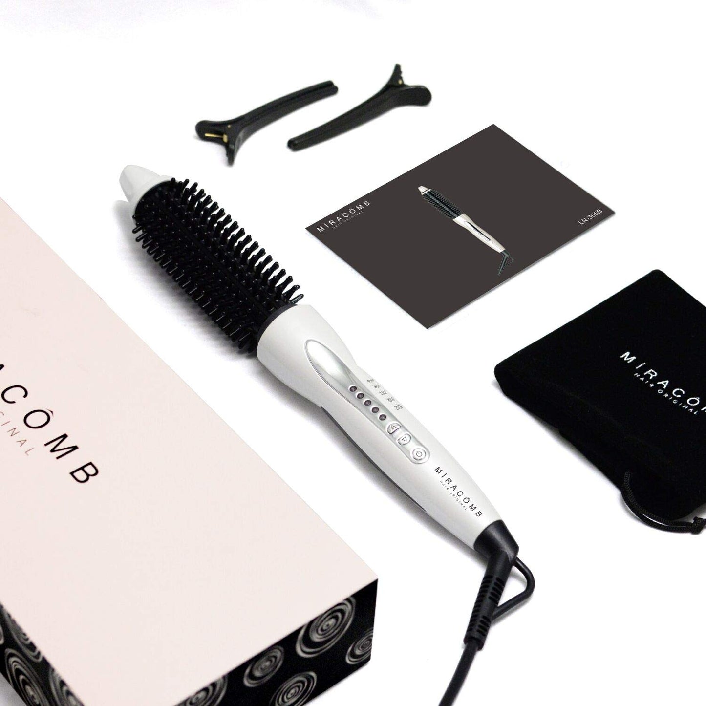 MIRACOMB Hair Curler Straightening Brush - Ceramic Tourmaline Flat Curling Iron - Cool Touch Round Brush PRO Multi Styler with 5 Heat Adjustments, 1 Inch Barrel, White (Enhanced)