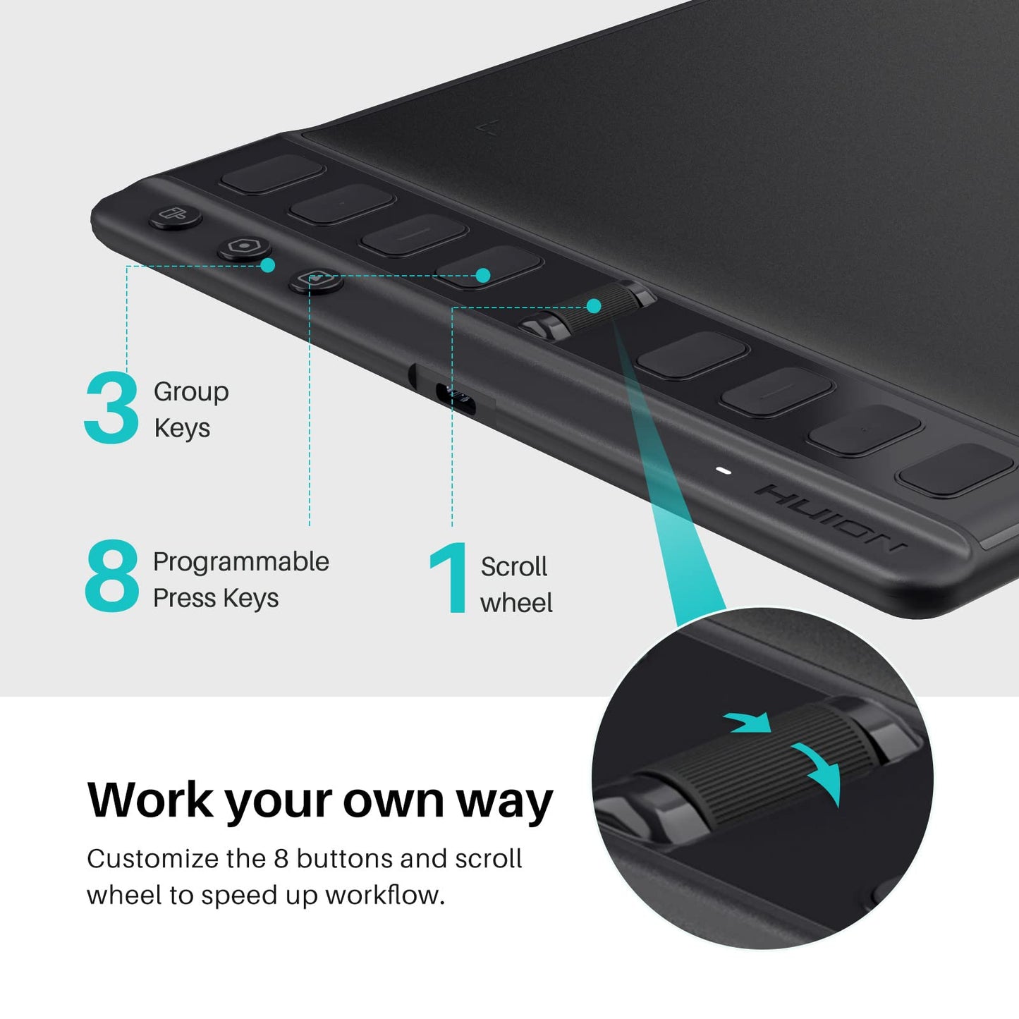 2023 HUION Inspiroy 2 Medium Drawing Tablet with Scroll Wheel 8 Customized Keys Battery-Free Stylus 60° Tilt Support for Digital Art, Design, Sketch, 9x5inch Graphics Tablet, Black