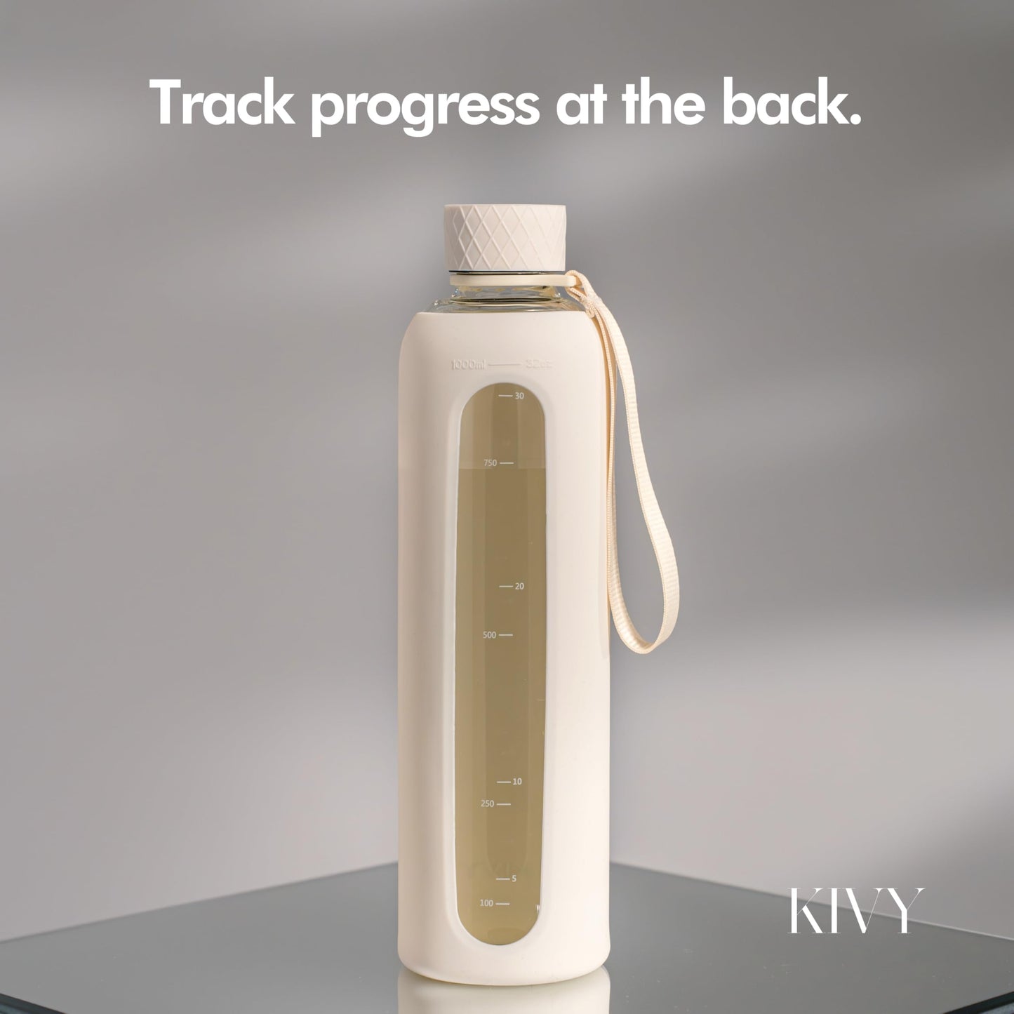 KIVY Glass Water Bottle with Silicone Sleeve 32 oz [WITH MEASUREMENT] - Borosilicate Glass Water Bottle Screw Top - Clear Bottles with Measurement Marking - Slim Waterbottle Aesthetic - Cream White