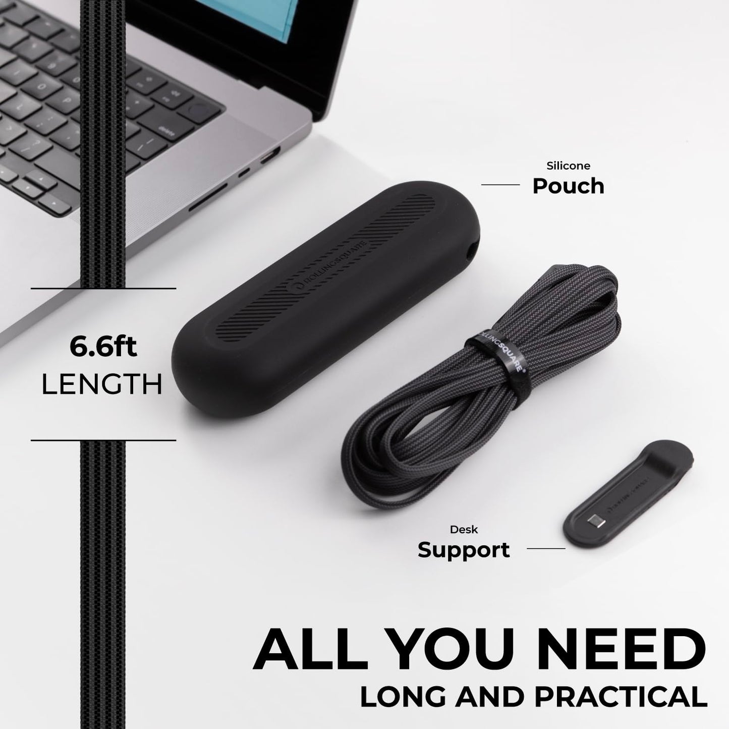 Rolling Square inCharge XL 6-in-1 Multi Charging Cable with 100W Ultra-Fast Charging Power, Portable USB and USB-C Cable, 6.5 Ft/2m, Urban Black