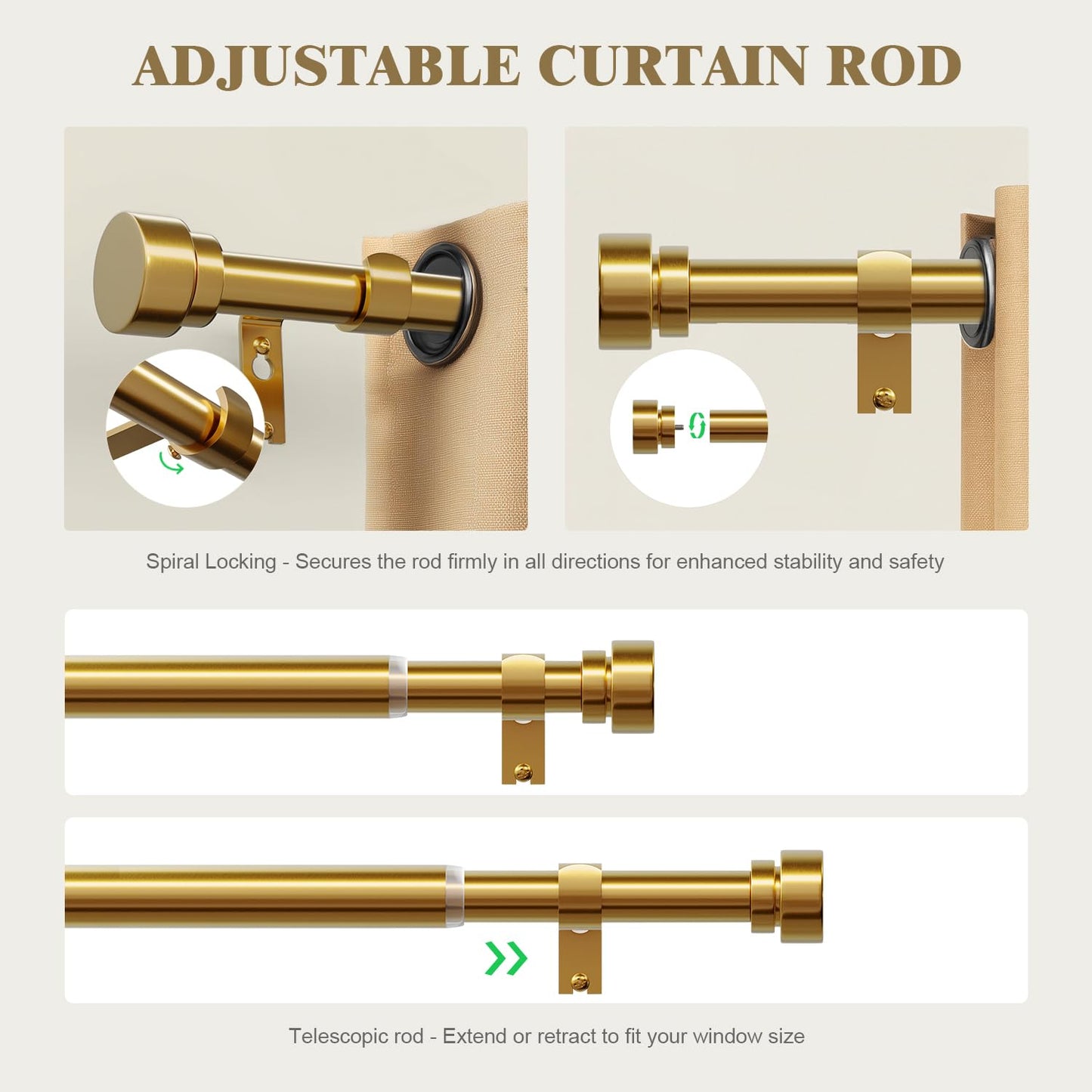 Oneach Heavy Duty Curtain Rods for Windows 72 to 144 Inch, 1 Inch Brass Gold Curtain Rod, Adjustable Length Rod with Metal Finials, Modern Decorative for Bedroom Kitchen Living Room