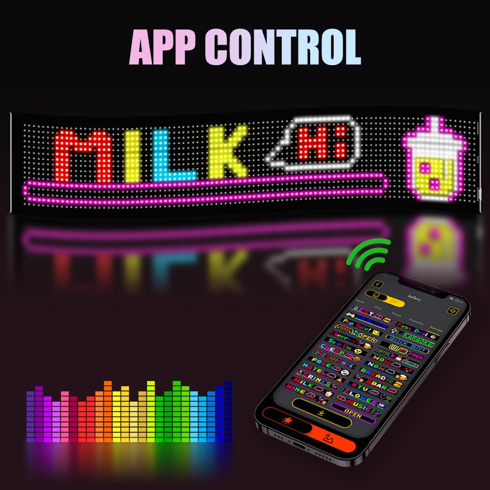 Programmable LED Sign, 35"x7.5" Scrolling Flexible Display, Bluetooth App Control, Custom Text, Patterns & Animations, USB 5V for Car, Store, Party, Bar, Hotel, Advertising Sign