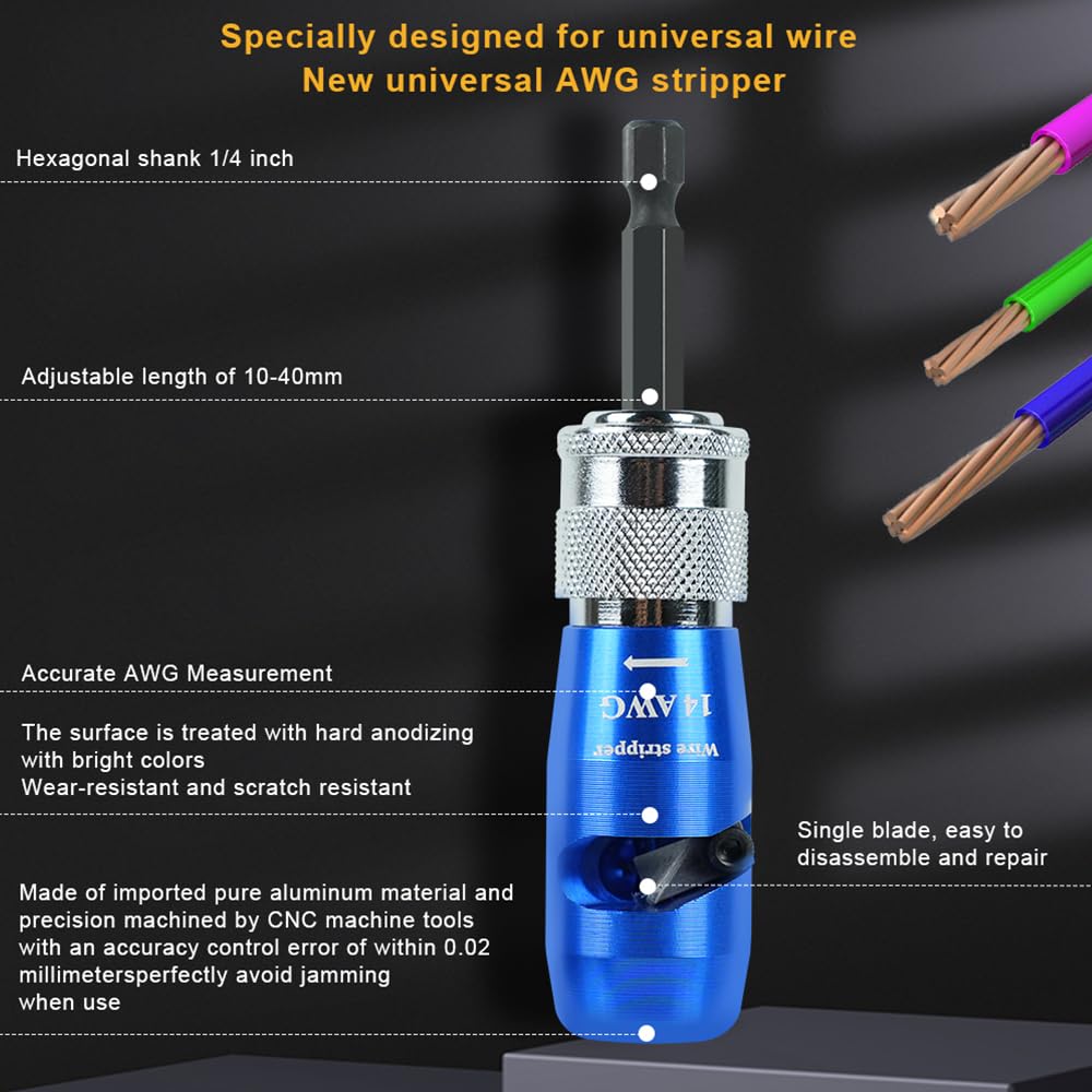 2025 Upgraded Wire Stripper for Drill (14-12-10-8-6 AWG) - Electric Universal Wire Stripper Tool for Drill, Includes 5 Pcs Wire Strippers, 2 Pcs Wire Twisters, 5 Pcs Wire Nuts，3 Connector And a Buckle