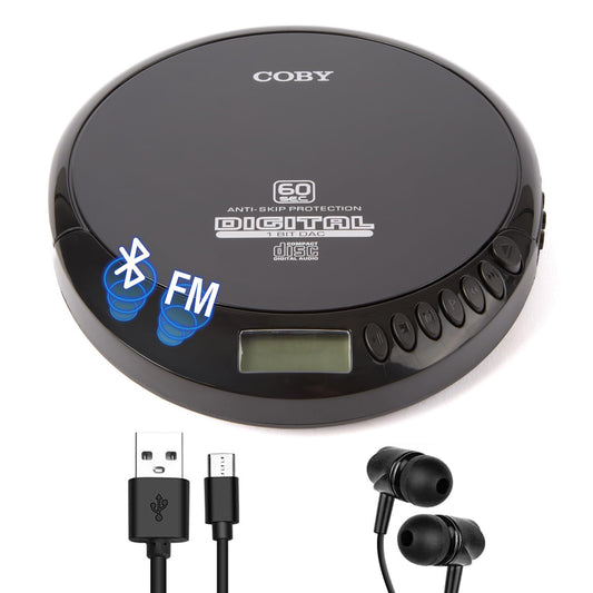 Coby CD Player Portable Bluetooth CD Player for Car, Headphones, FM, AUX, MP3 Anti-Skip CD Player for Home, Compact Discman, Rechargeable, Lightweight