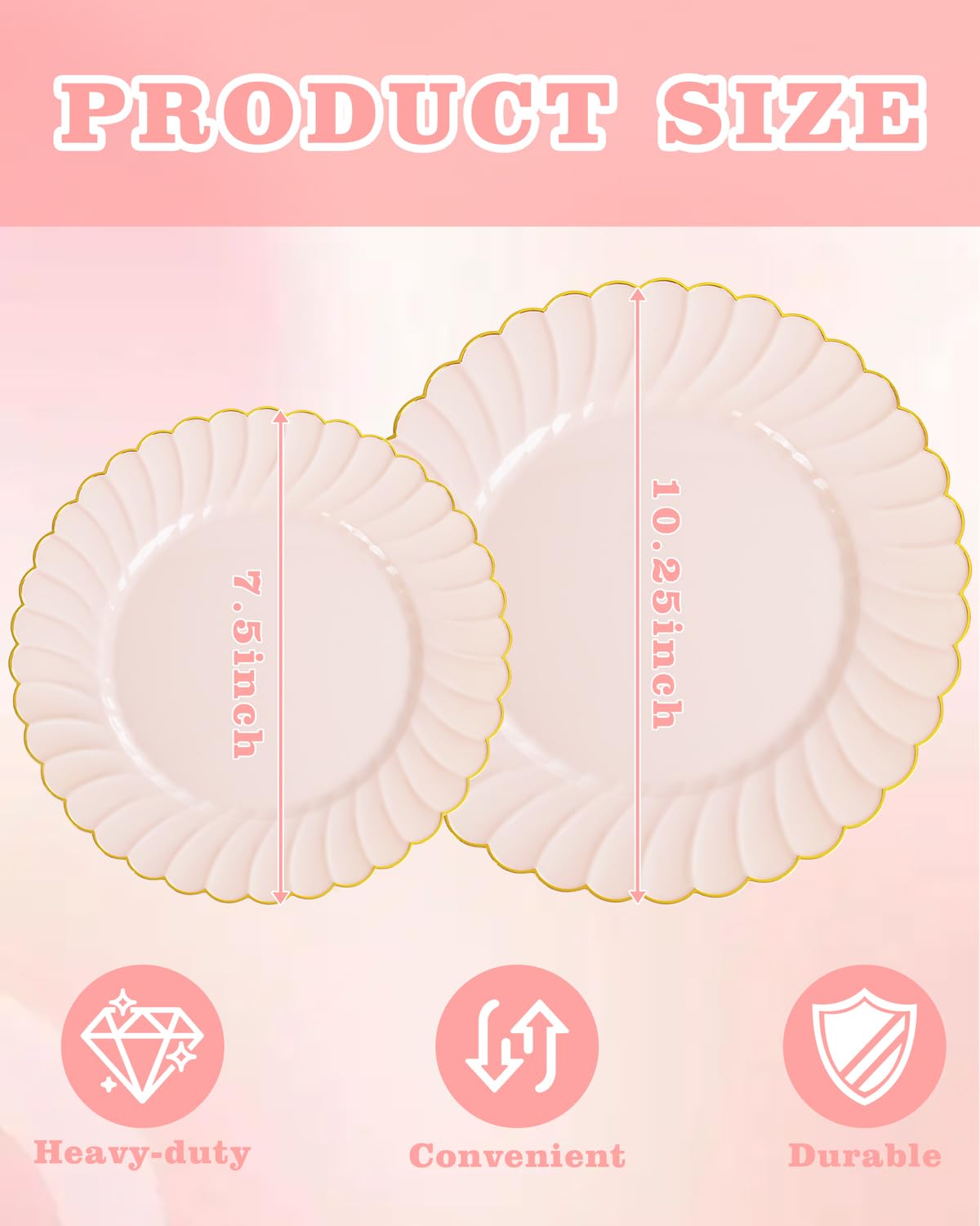 YOUBET 100PCS Pink Scalloped Plastic Plates - Heavy Duty Gold Disposable Fancy Hard Plates Include 50 Dinner Plate, 50 Dessert Plate, for Wedding & Party
