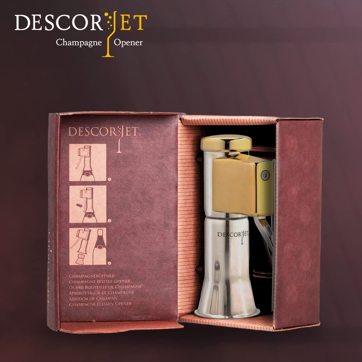 Descorjet Champagne Bottle Opener. Open your bottles with this One-hand corkscrew. Elegant, original and easy to use. Stainless steel with golden details. (Model Gold)