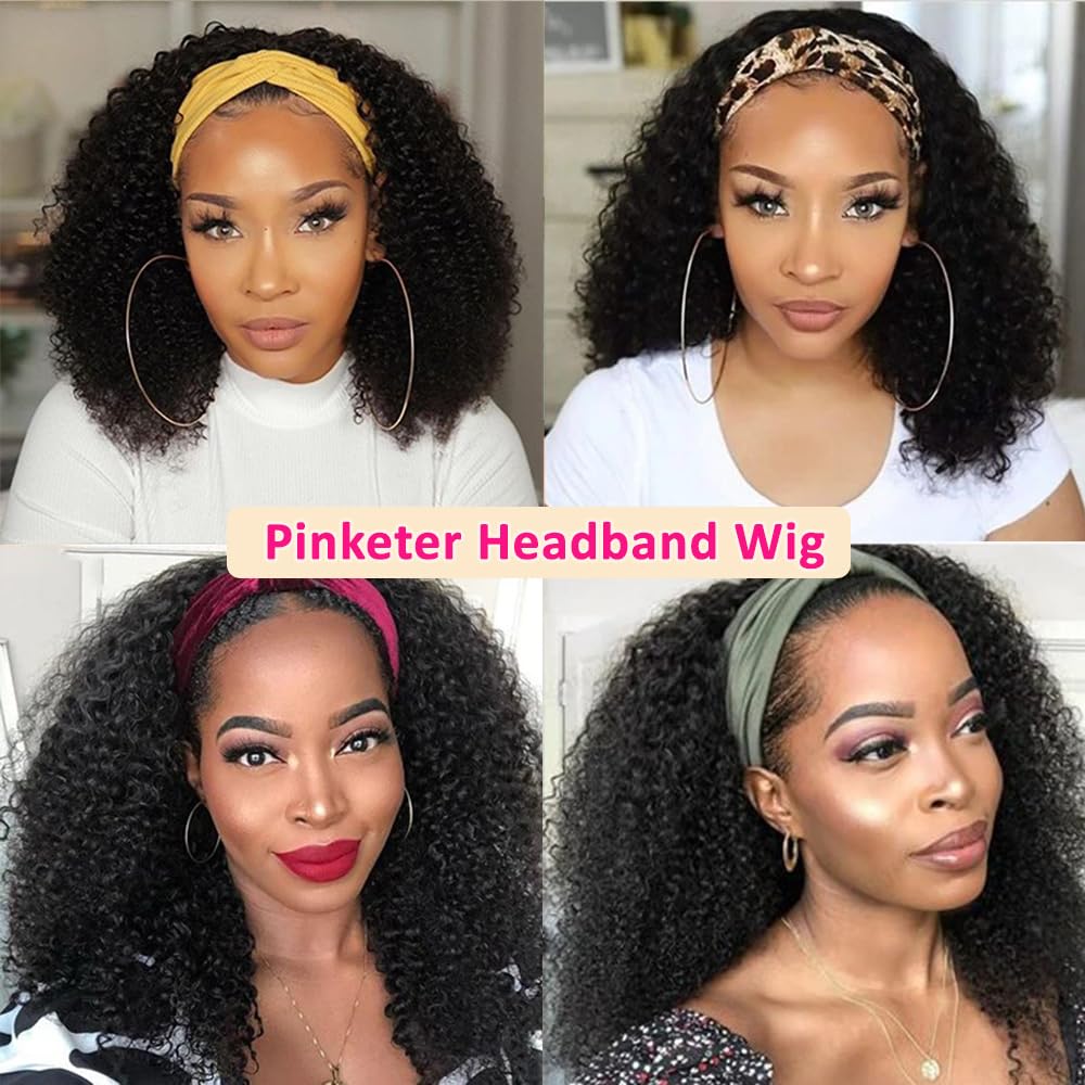 Headband Wig Human Hair Kinky Curly Headband Wig Human Hair None Lace Front 150% Density Brazilian Virgin Human Hair Headband Wigs for Black Women Natural Color (Headband Wig, 18inch)
