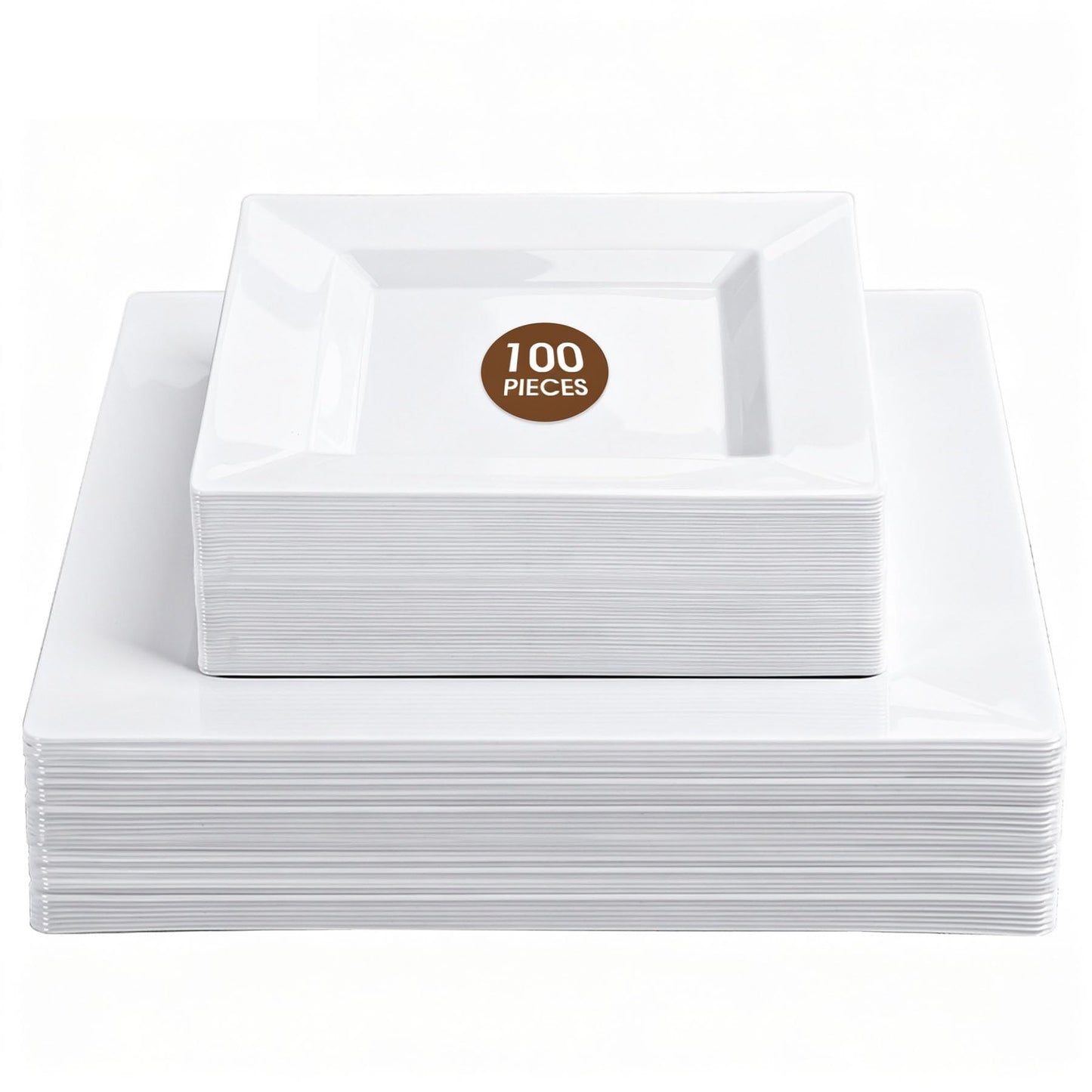 Pryntono 100 Pack White Square Plastic Plates, Includes 50 Dinner Plates 9.5" and 50 Dessert Plates 6.5", Heavy Duty Disposable Plates for Wedding, Holiday Party, Birthday, White
