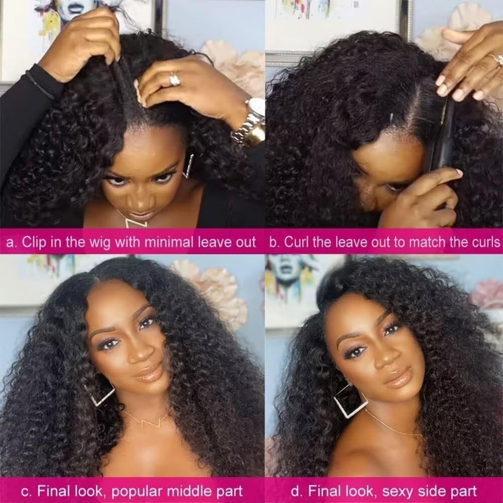 Romface V Part Human Hair Wig for Women 180% Density Brazilian Remy Curly Human Hair No Leave Out Upgrade U part Wigs Afro Kinky Curly V Part Wigs No Sew In No Glue Natural Color 16 inch